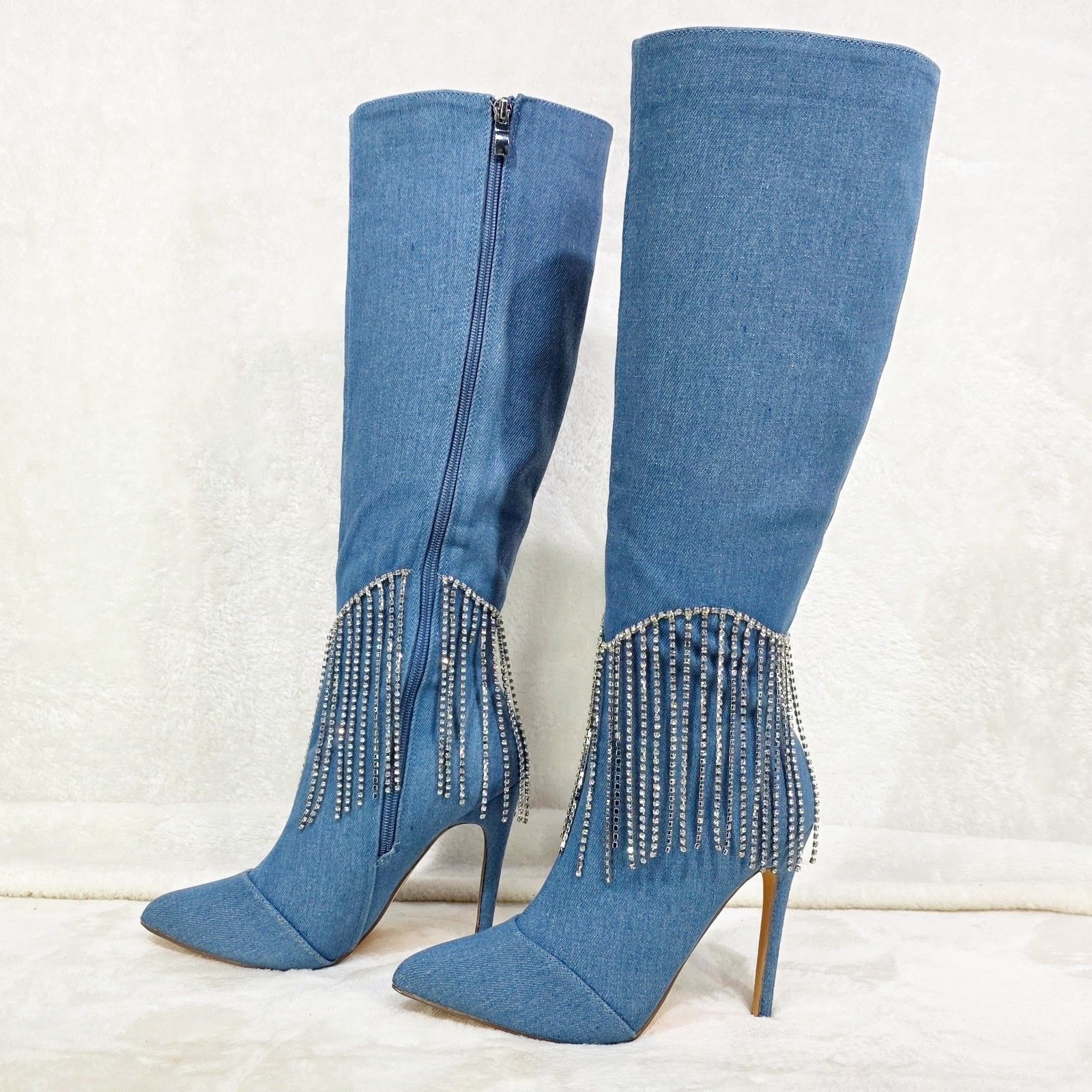 Other Sway Denim Knee High Boots Stiletto Heels Icicle Fringe (US Size US 7.5 / IT 37.5 - 1 Thumbnail