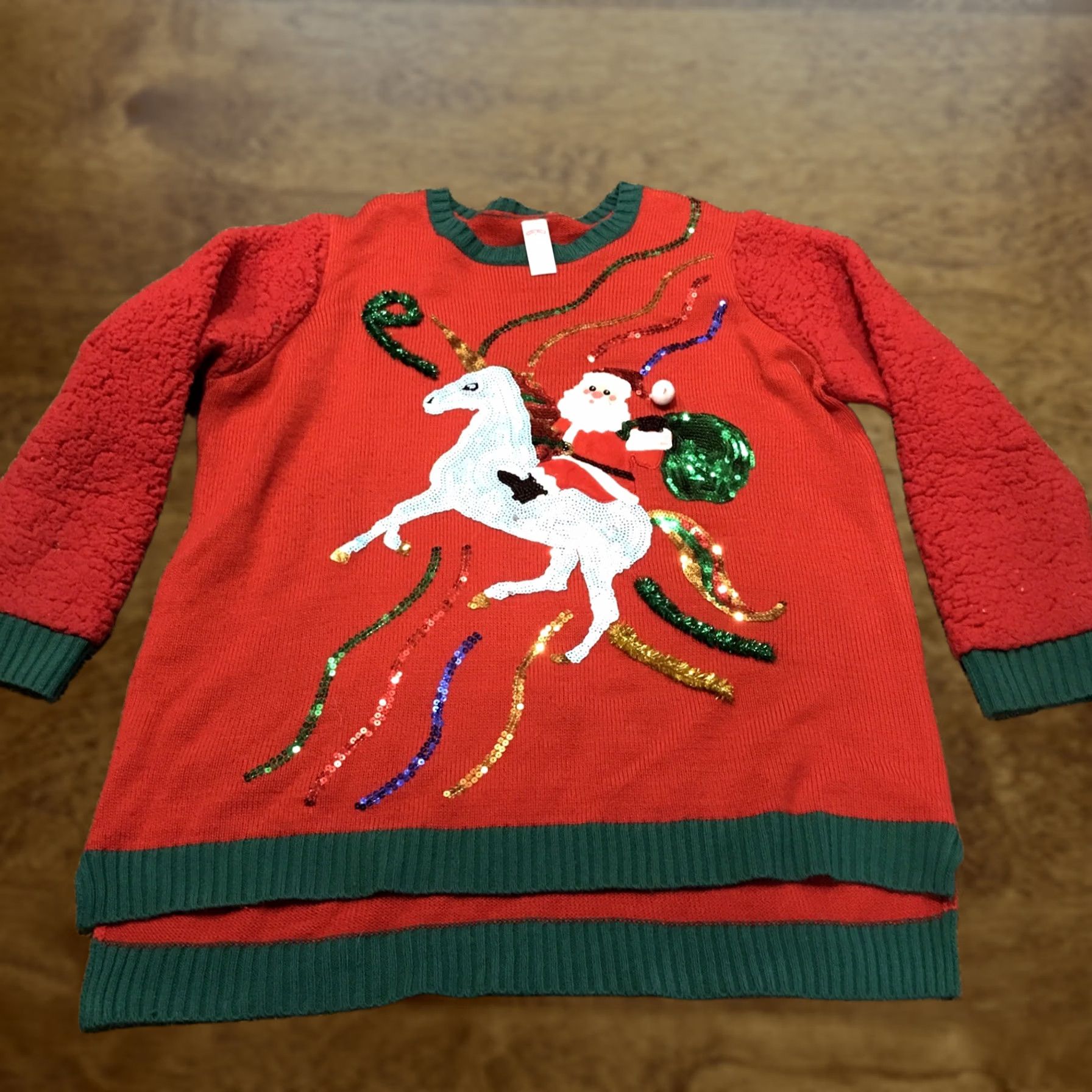 Vintage Women Red Sequin Santa Claus & Unicorn Tinsel Holiday Christmas Sweater 1X B3 Size XL / US 12-14 / IT 48-50 - 1 Thumbnail