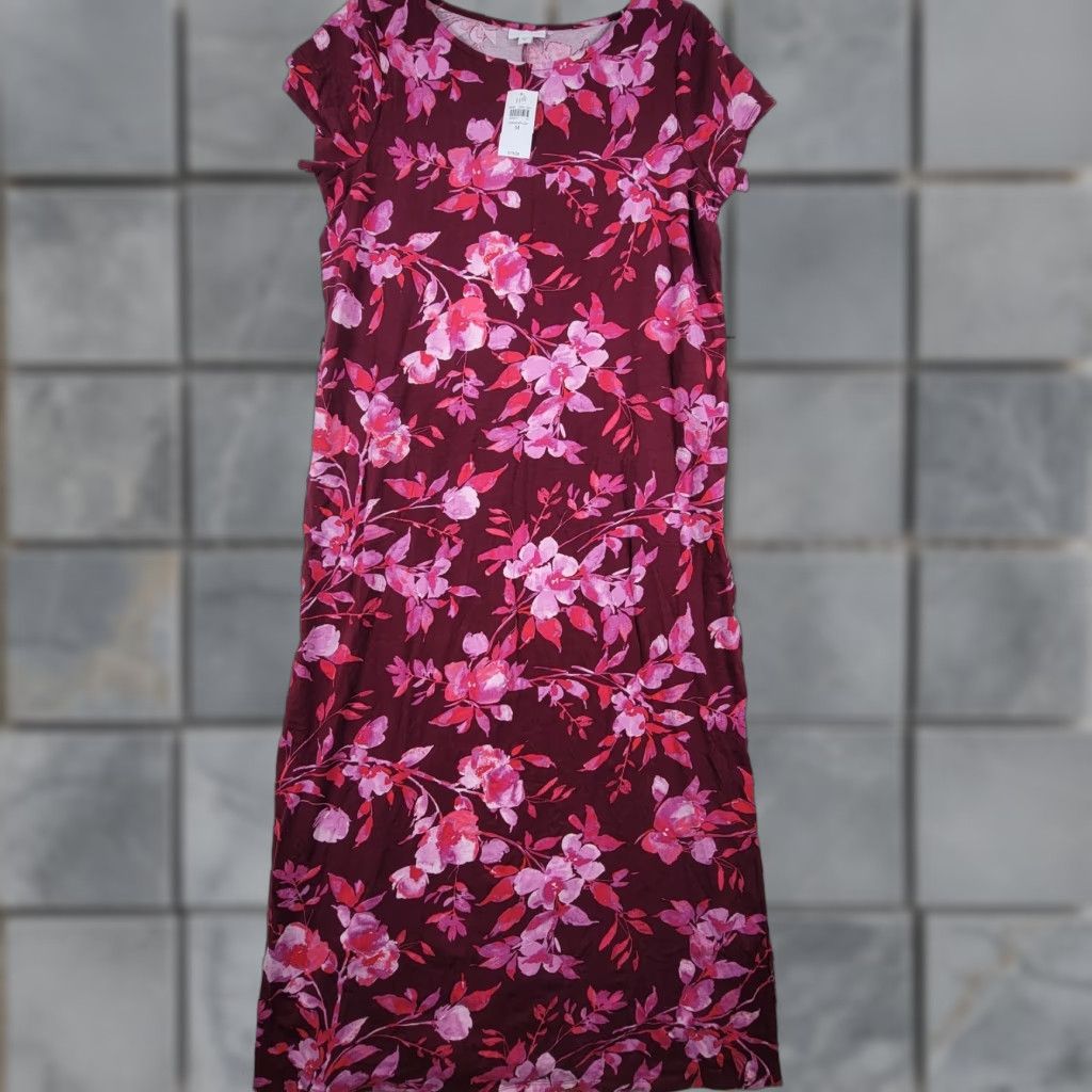 J. Jill J. Jill Dress Women's Maxi Floral Stretch Knit Cranberry Red Multicolor Cap Sleeve Round Neck M Cranberry Red Floral Maxi Dress Womens Size M / US 6-8 / IT 42-44 - 1 Thumbnail