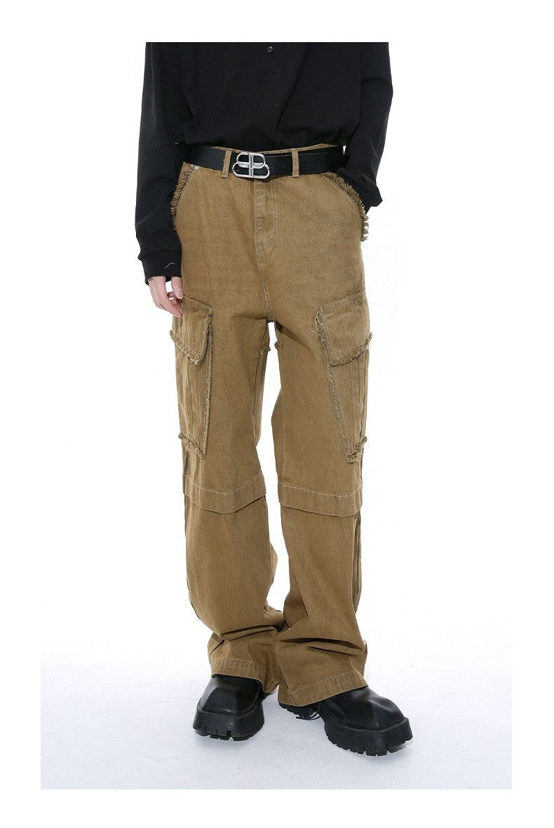 Image of Brown Pleated Wide Leg Flared Cargo Denim Jeans, Men's (Size 30)