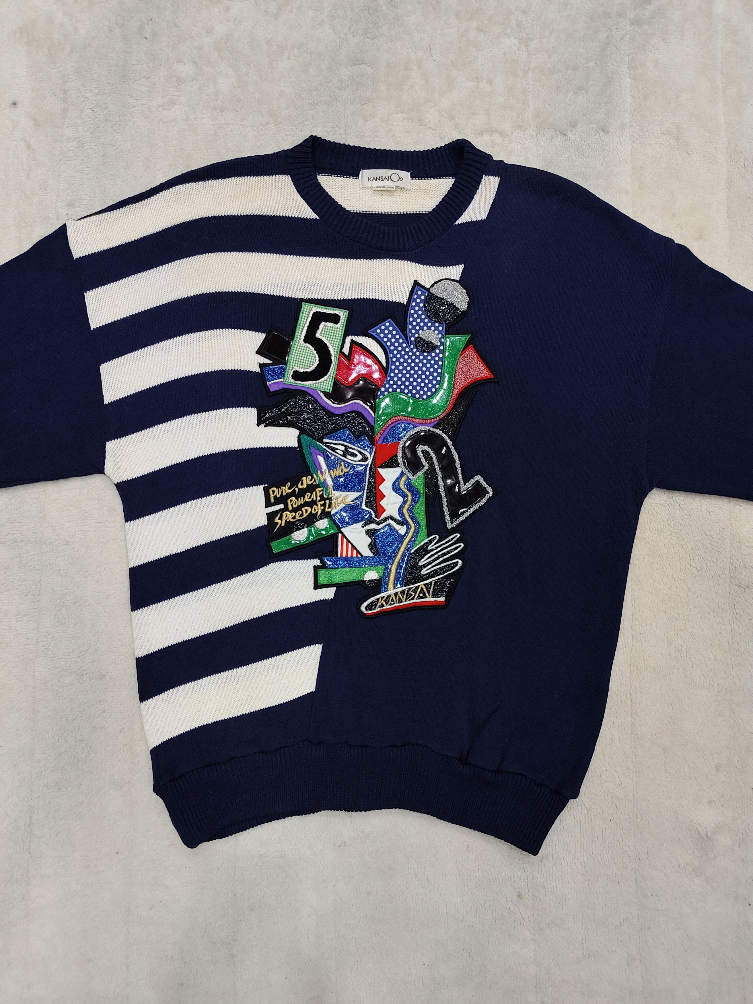 Kansai Yamamoto 80s Kansai O2-Archive Asymmetric Stripe Applique Knit Sweate Size US L / EU 52-54 / 3 - 4 Thumbnail