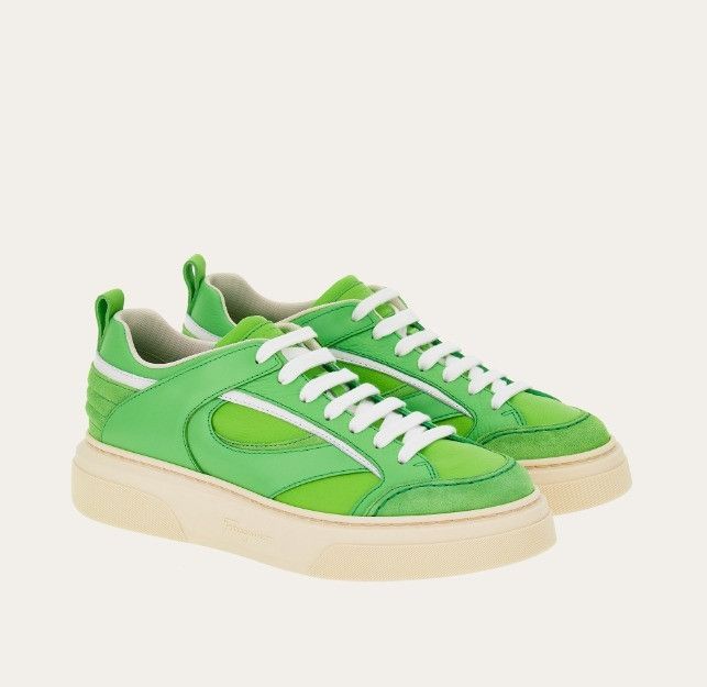 Salvatore Ferragamo o1s1rm0724 Leather Low-Top Sneakers in Green/White Size US 11.5 / EU 44-45 - 4 Thumbnail