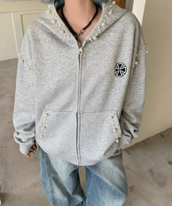 Japanese Brand Iron Cross Black Pearl-Studded Zip-Up Hoodie Size US M / EU 48-50 / 2 - 2 Thumbnail