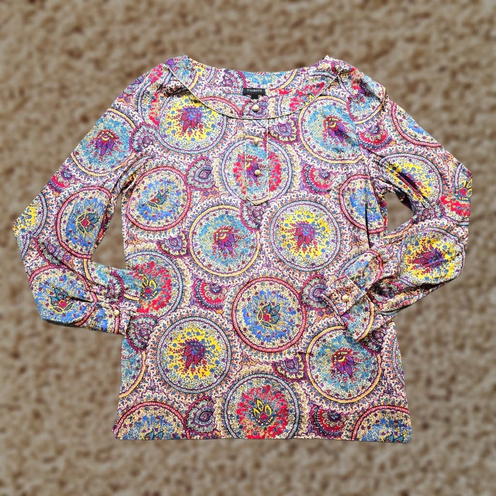 Talbots Talbots Top Women 8 Blue Yellow Colorful Fitted Long Sleeve Classic Career Shirt Mens Womens Girls Boys Size M / US 6-8 / IT 42-44 - 1 Thumbnail