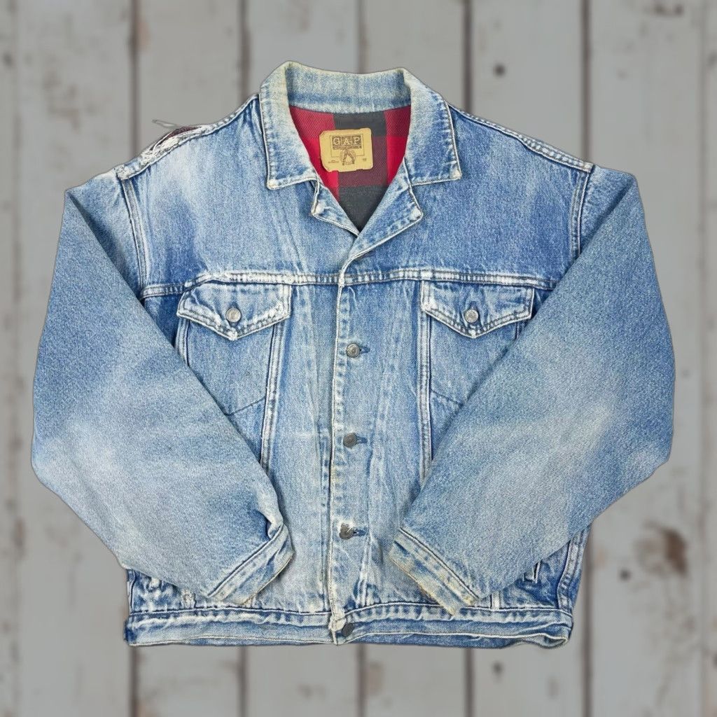 Gap VINTAGE Gap Denim Jacket Mens M Light Blue Denim Lined 90s Distressed Plaid Button Collar Jean Jacket Size US M / EU 48-50 / 2 - 1 Thumbnail