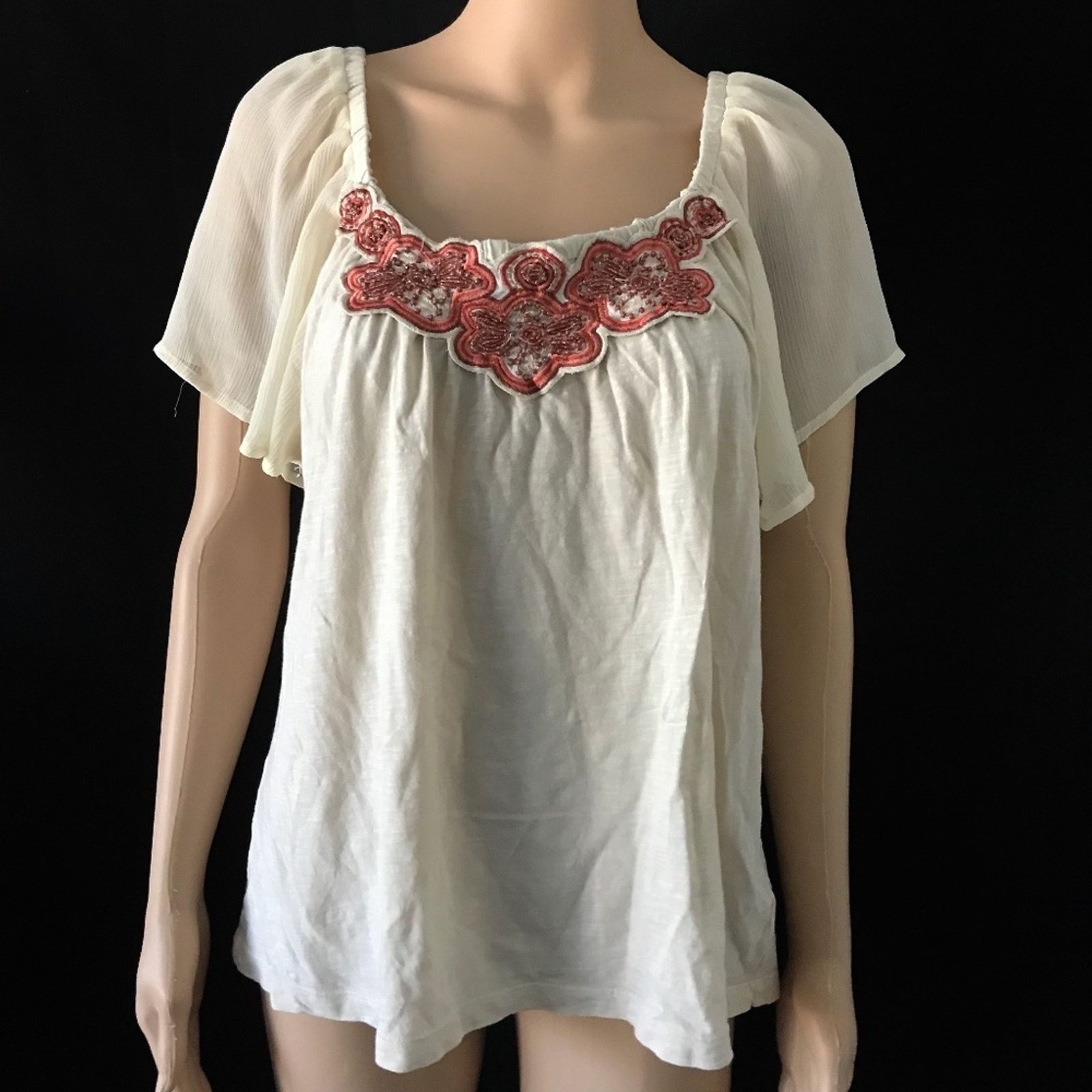 Anthropologie Anthropologie Deletta Cream Beaded Ruffle Sleeve Blouse L Size L / US 10 / IT 46 - 2 Thumbnail