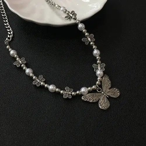 Jewelry Goth Harajuku Butterfly Pearl Pendant Chain Choker Necklace Size ONE SIZE - 4 Thumbnail