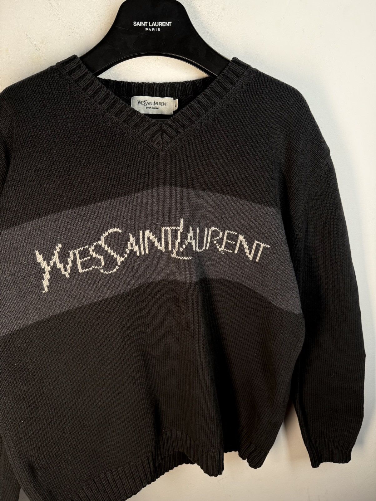Yves Saint Laurent Black YSL Sweater Knit Big Logo V-neck Vintage y2k Rare Size US L / EU 52-54 / 3 - 13 Thumbnail