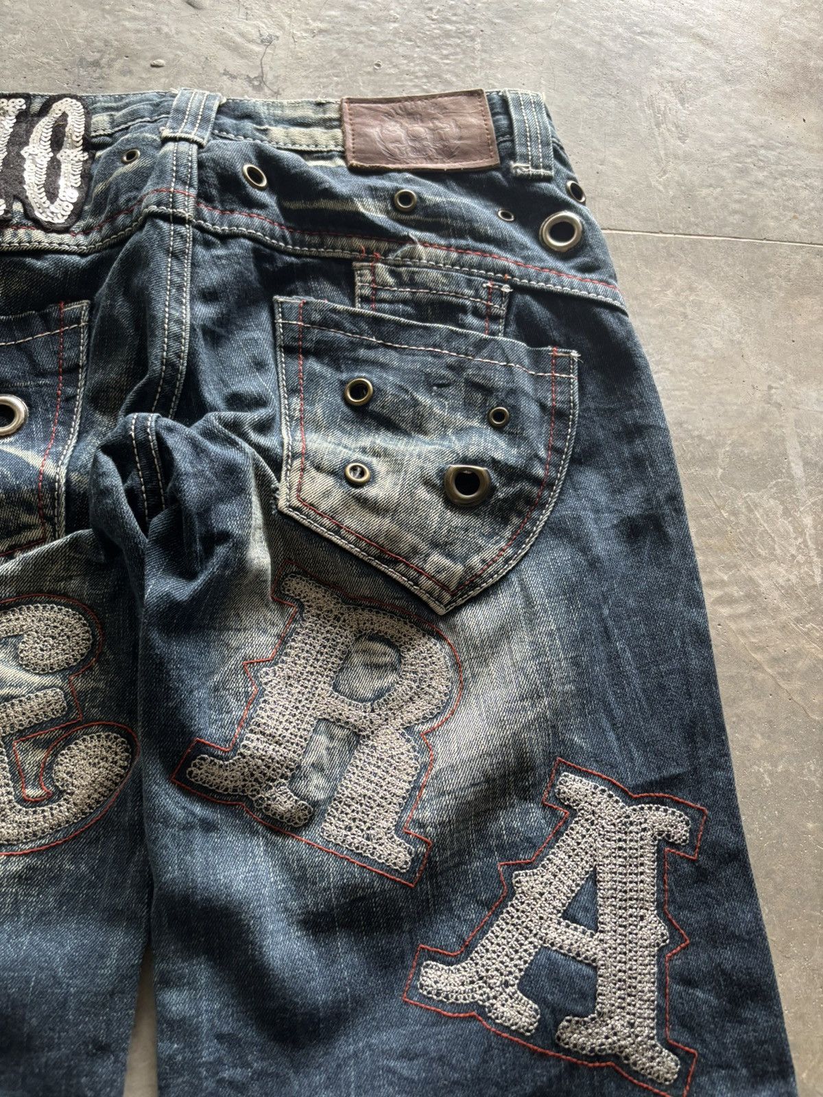 If Six Was Nine RIOBERA vintage flare jeans sick spellout back japanese punk Size US 29 - 17 Thumbnail