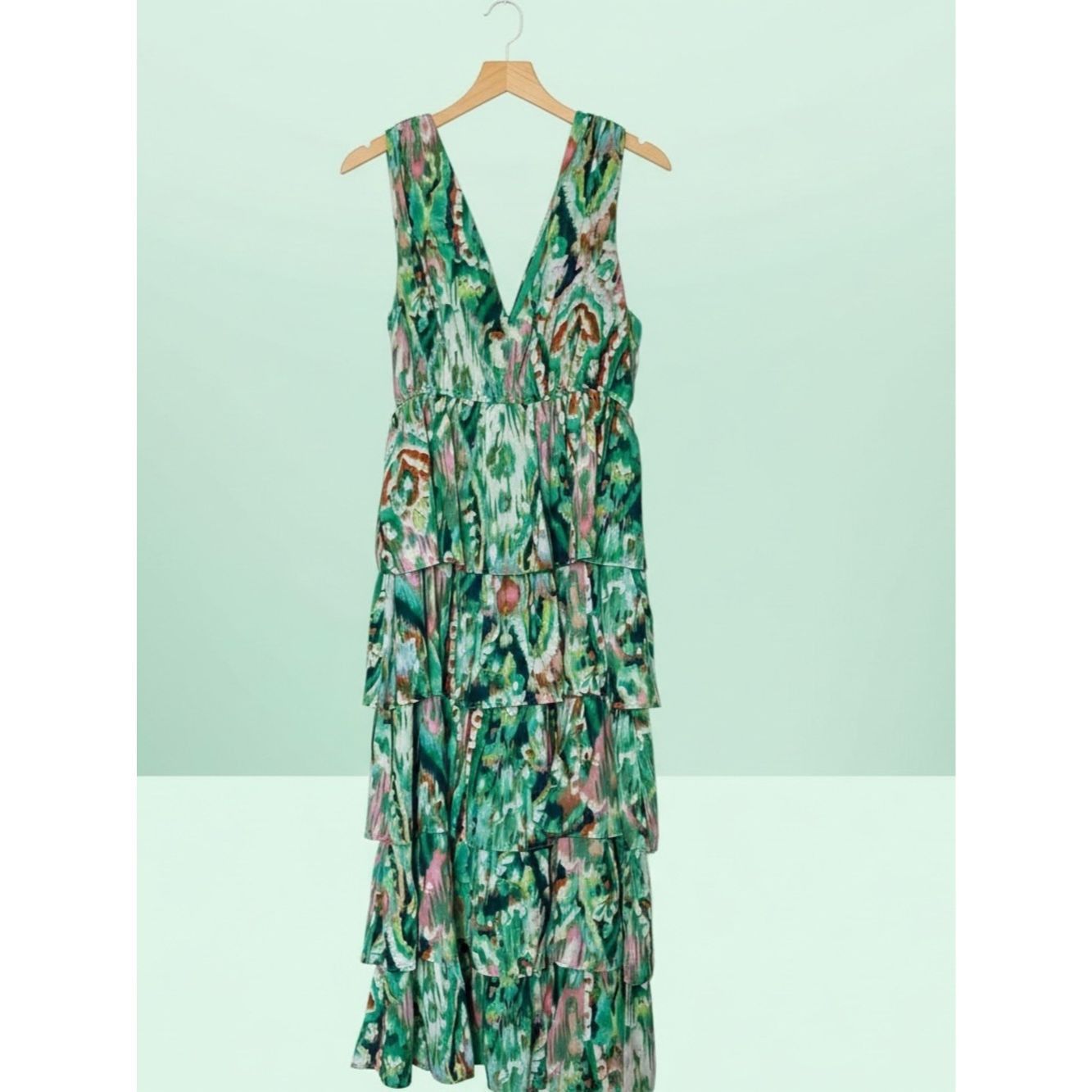 Other Tiered V-Neck Green Print Maxi Dress Size L / US 10 / IT 46 - 1 Thumbnail