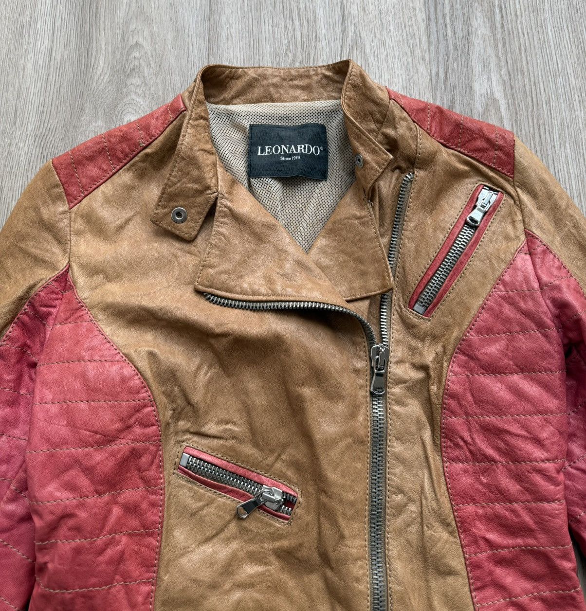 Vintage Leonardo Brown/ Red Leather Biker Jacket Size XS / US 0-2 / IT 36-38 - 6 Thumbnail