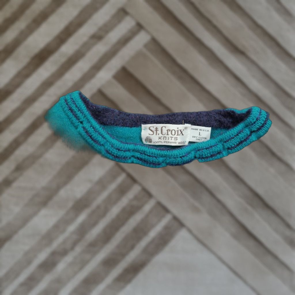 Zephyr VINTAGE St. Croix Sweater Mens Large Blue Teal 80s 90s Wool Knit Pullover Crew Neck Long Sleeve Distressed Size US L / EU 52-54 / 3 - 1 Thumbnail