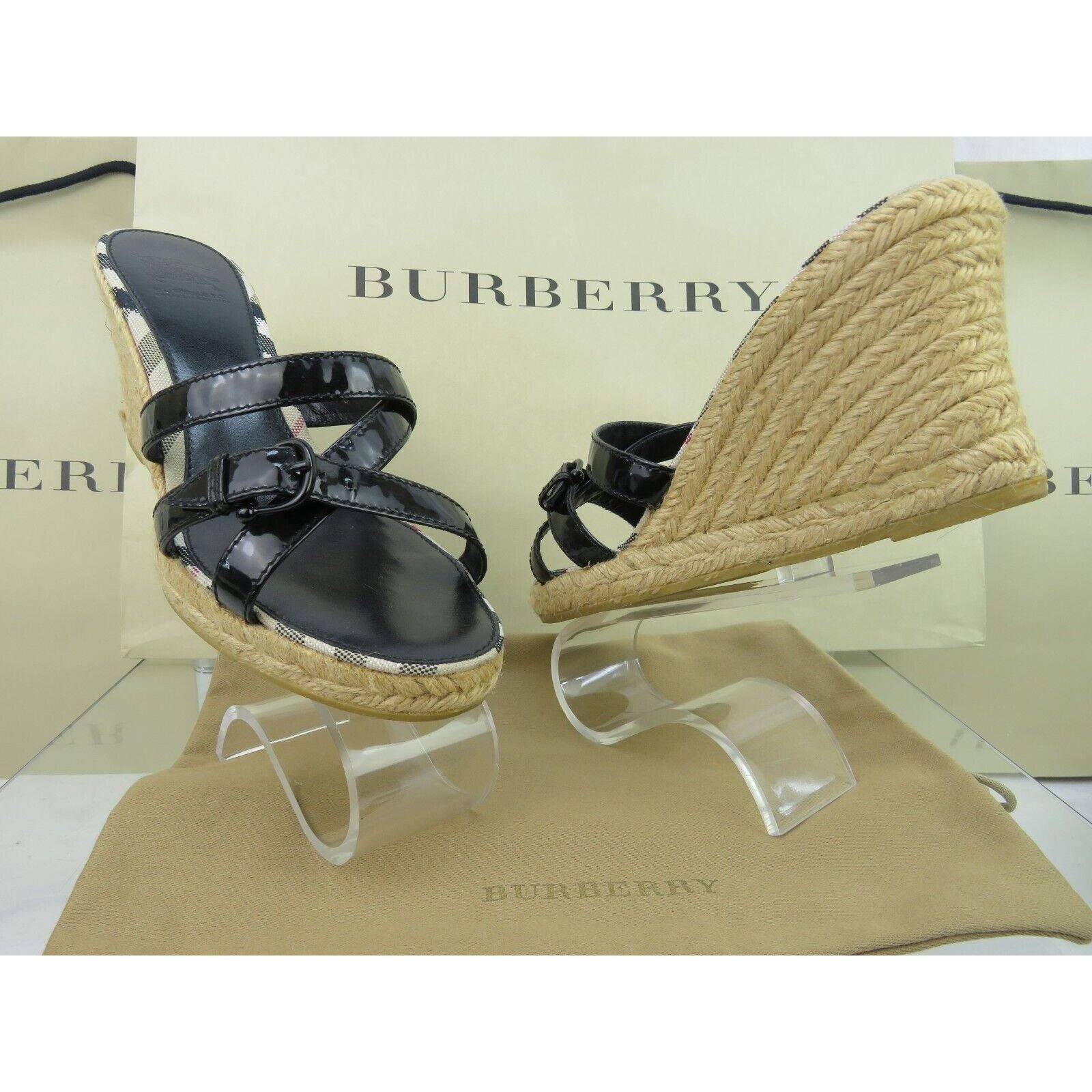 Burberry BURBERRY BLACK PATENT LEATHER CHECK ESPADRILLE SANDALS 40 Size US 10 / IT 40 - 3 Thumbnail