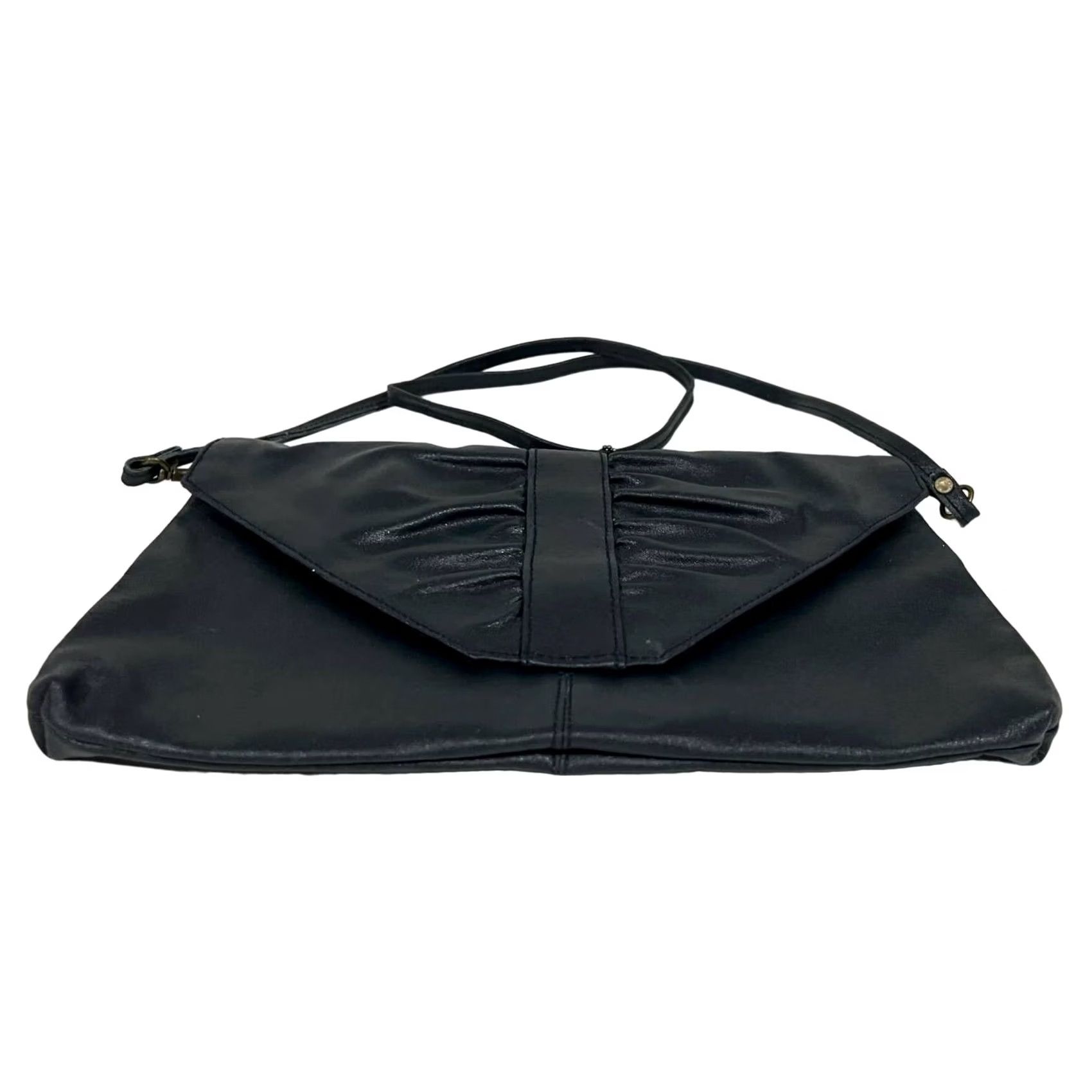 Vintage VINTAGE 90s Leather Purse Black Clutch Shoulder Bag Envelope Snap Ruched Front Women Leather Clutch Mens Womens Budgets Size ONE SIZE - 3 Thumbnail
