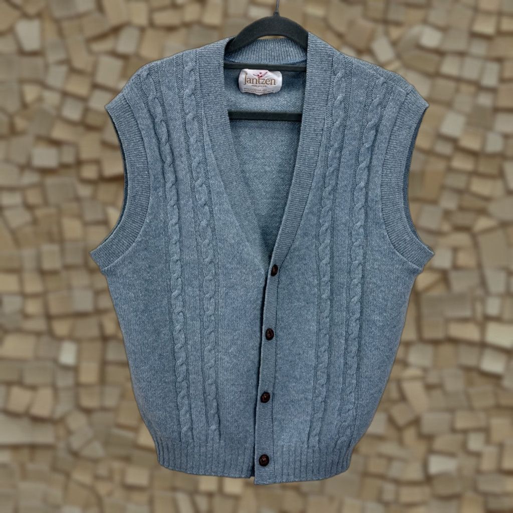 Jantzen VINTAGE Jantzen Cardigan Sweater Vest Mens Large Blue Wool Blend V-Neck Button Closure Sleeveless 70s Grunge Hipster Classic Casual Size US L / EU 52-54 / 3 - 1 Thumbnail