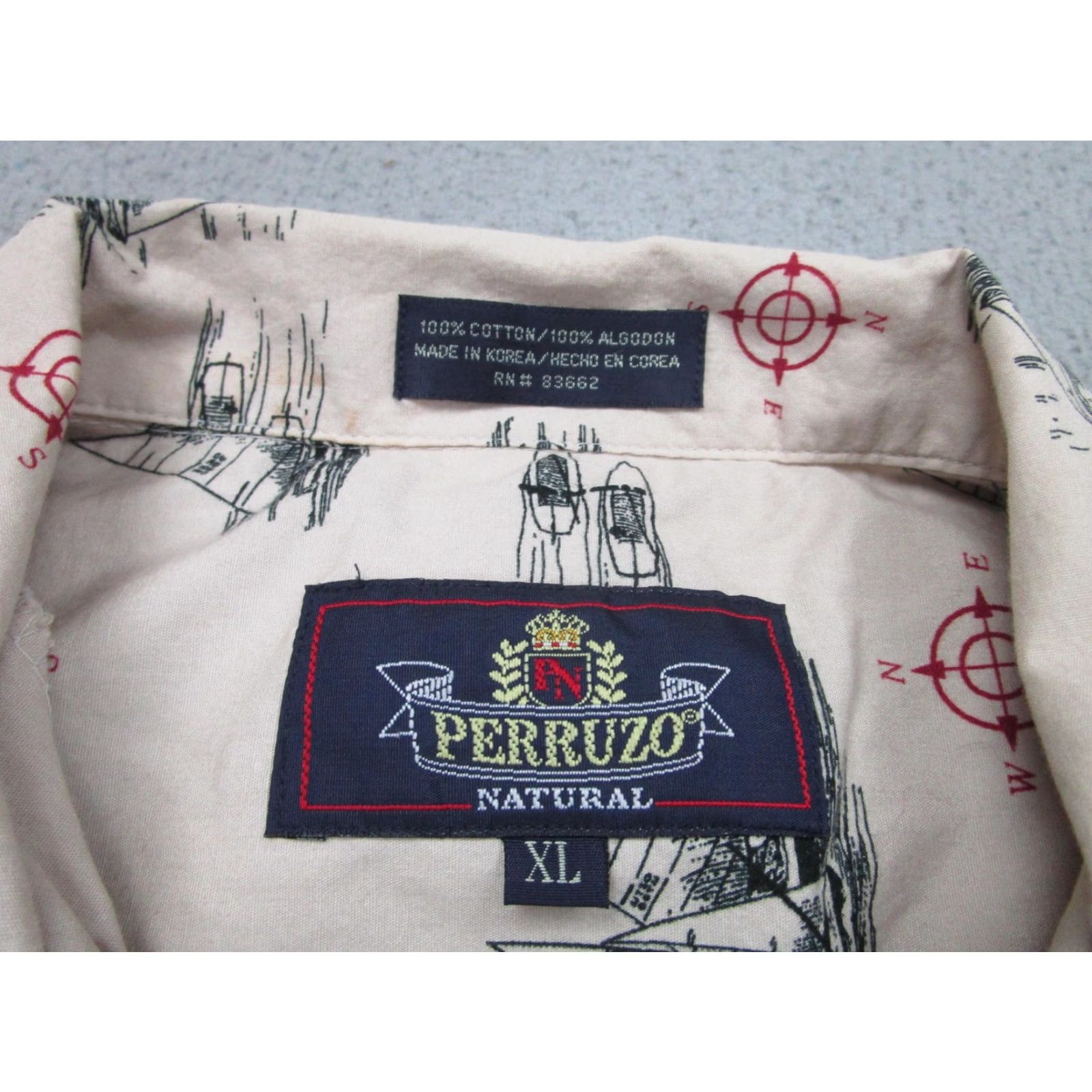 Nautica Perruzo Natural Shirt Mens XL Beige Sailboat Nautical Short Sleeve Outrigger Button-Up Christmas? (no not include) Size US XL / EU 56 / 4 - 6 Thumbnail