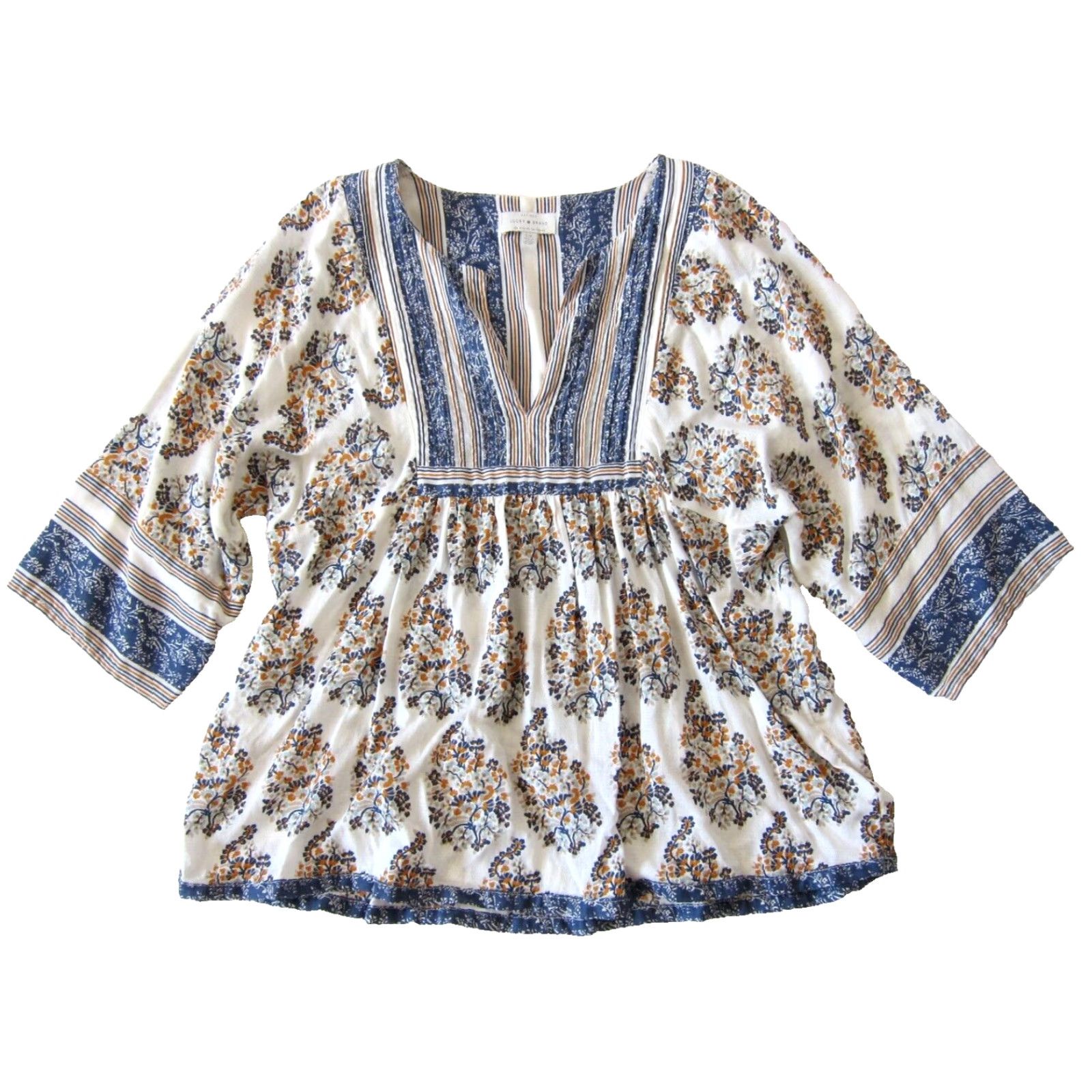 Lucky Brand Lucky Brand Blouse Tunic S Floral V-Neck 3/4 Sleeve Blue Ivory Peasant Rayon Shirt Women Size S / US 4 / IT 40 - 2 Thumbnail
