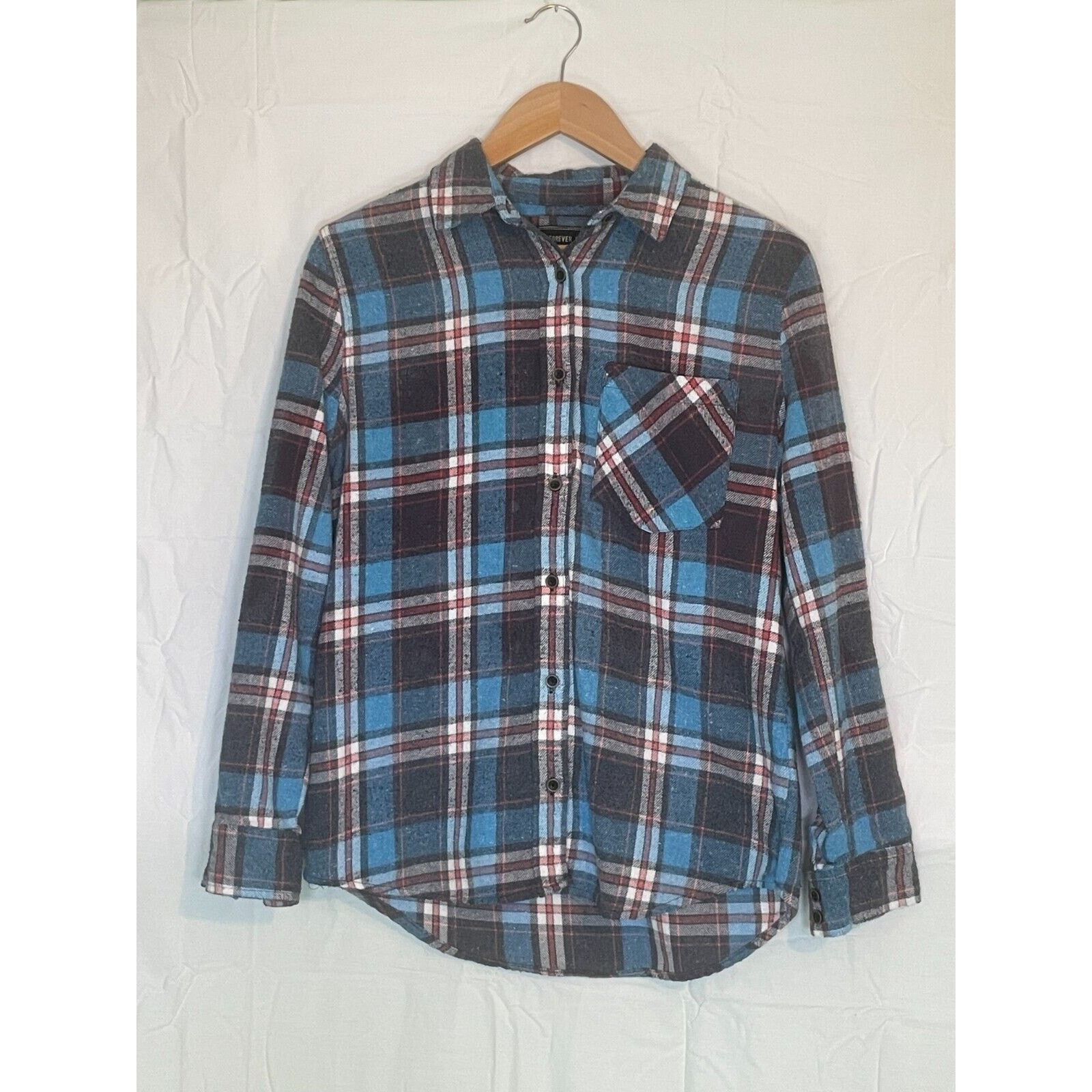 Forever 21 Upcycled Maroon 5 Band Rework Blue Gray Flannel Shirt Small Size S / US 4 / IT 40 - 2 Thumbnail