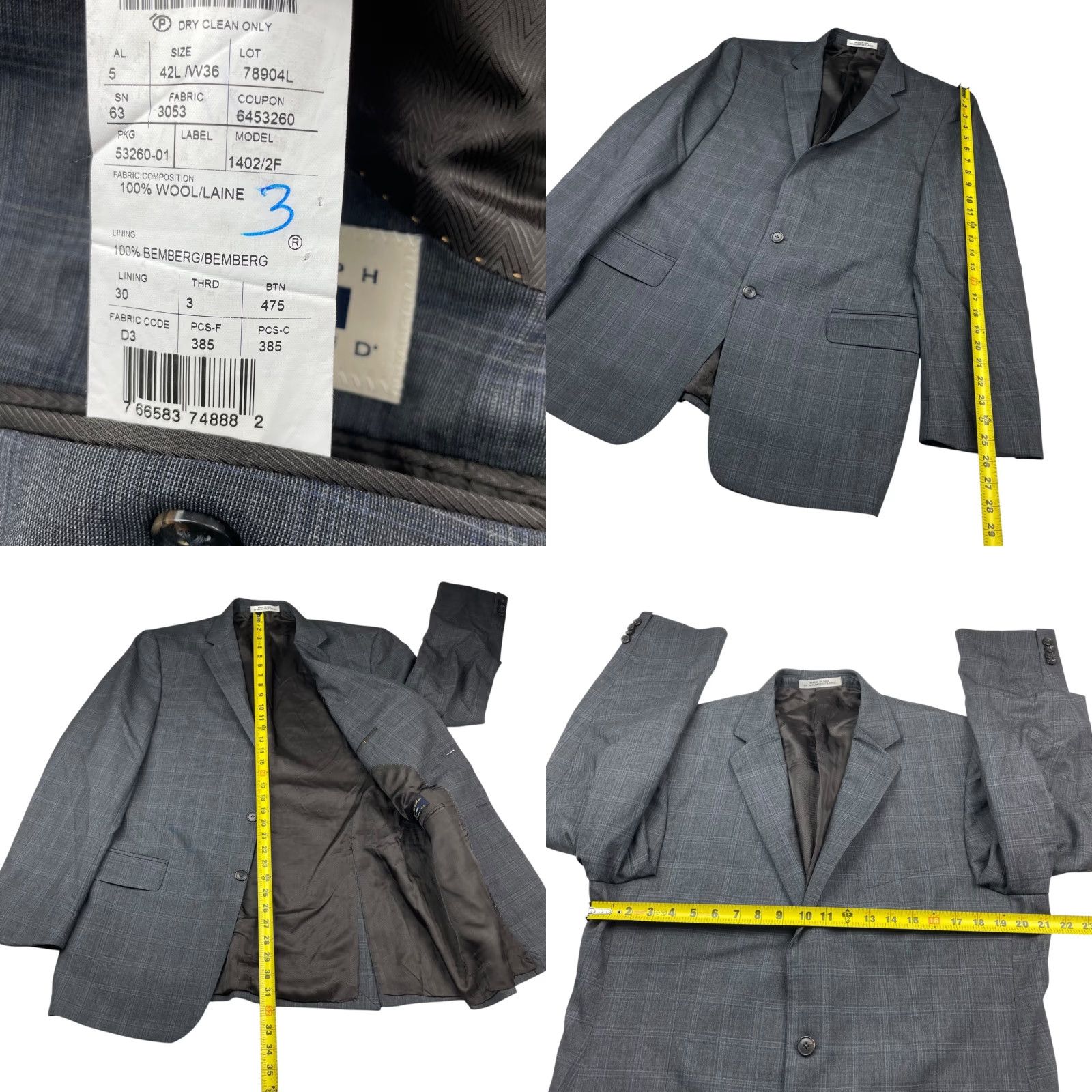 Joseph Abboud Joseph Abboud Blazer Gray Plaid 42L Wool Two-Button Jacket Mens Regular Long Notch Lapel Size 42R - 8 Thumbnail