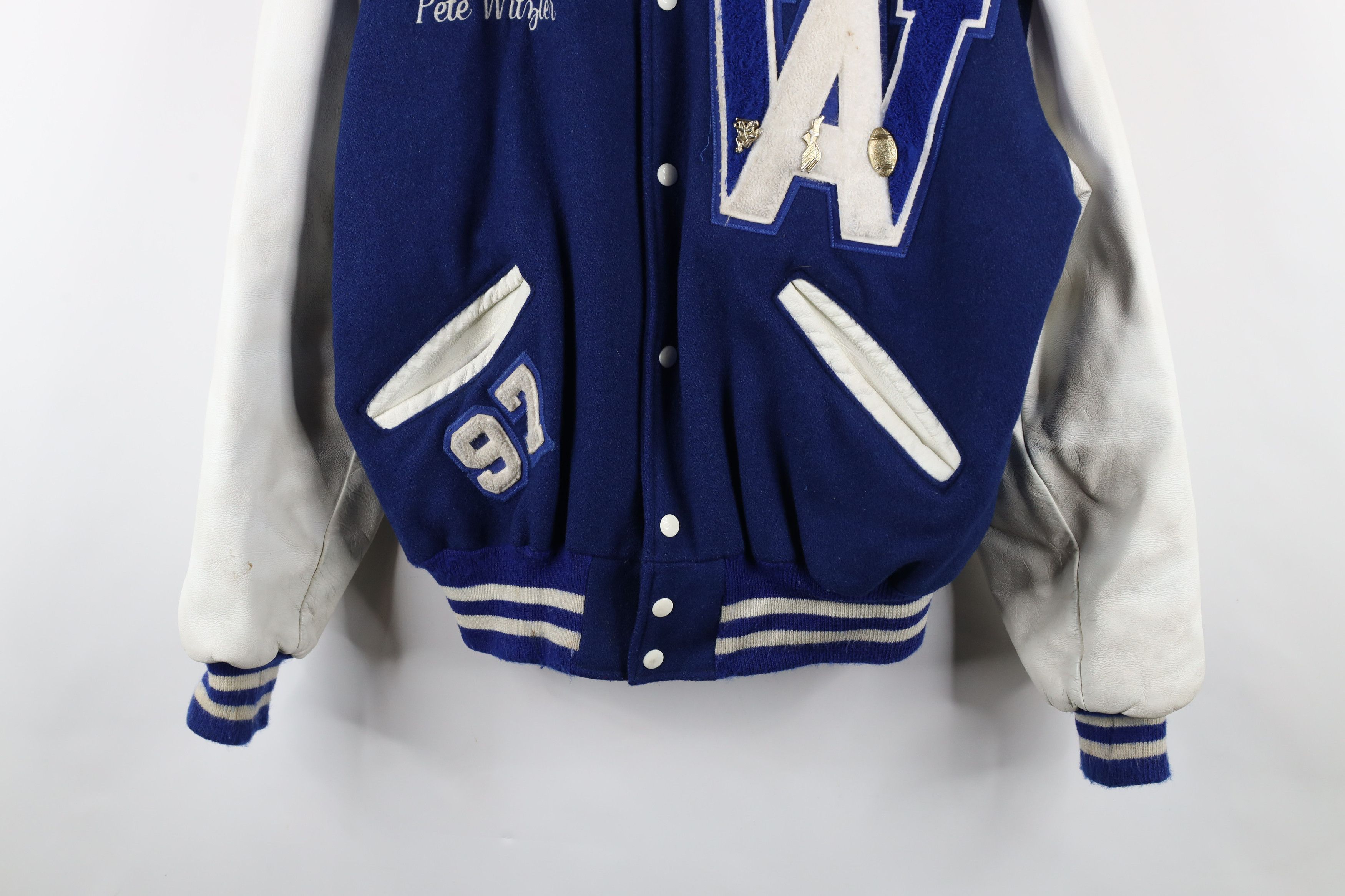 Vintage Vintage 90s Wool Leather Varsity Letterman Jacket Blue USA Size US XL / EU 56 / 4 - 3 Thumbnail