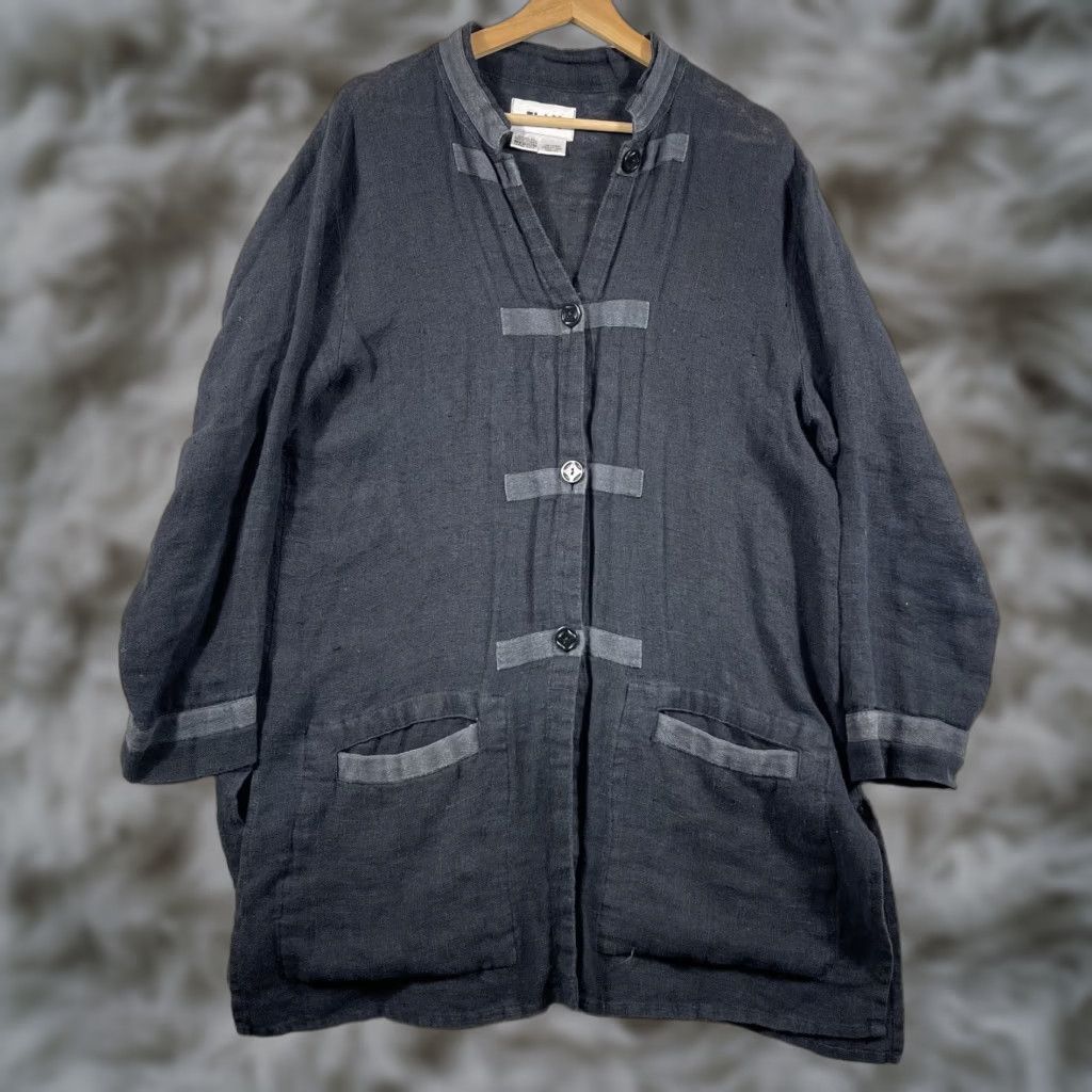 VINTAGE FLAX Linen Duster Tunic Shirt Boho Womens M Black Button-Up 3/4 Sleeve Linen Duster Tunic Bohemian