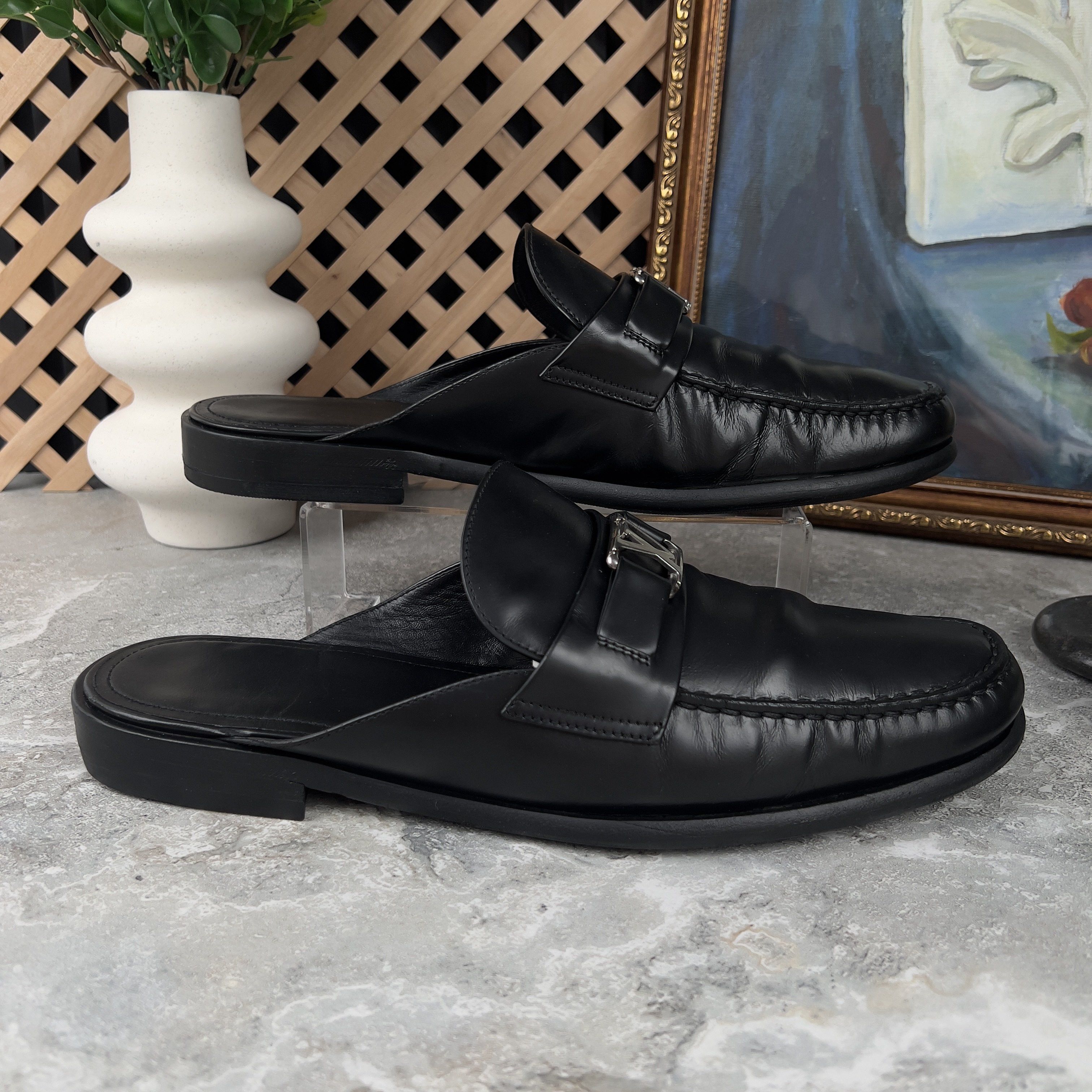 Louis Vuitton Major Open Back Loafers Mules Black Glazed Leather Size US 10 / EU 43 - 7 Thumbnail