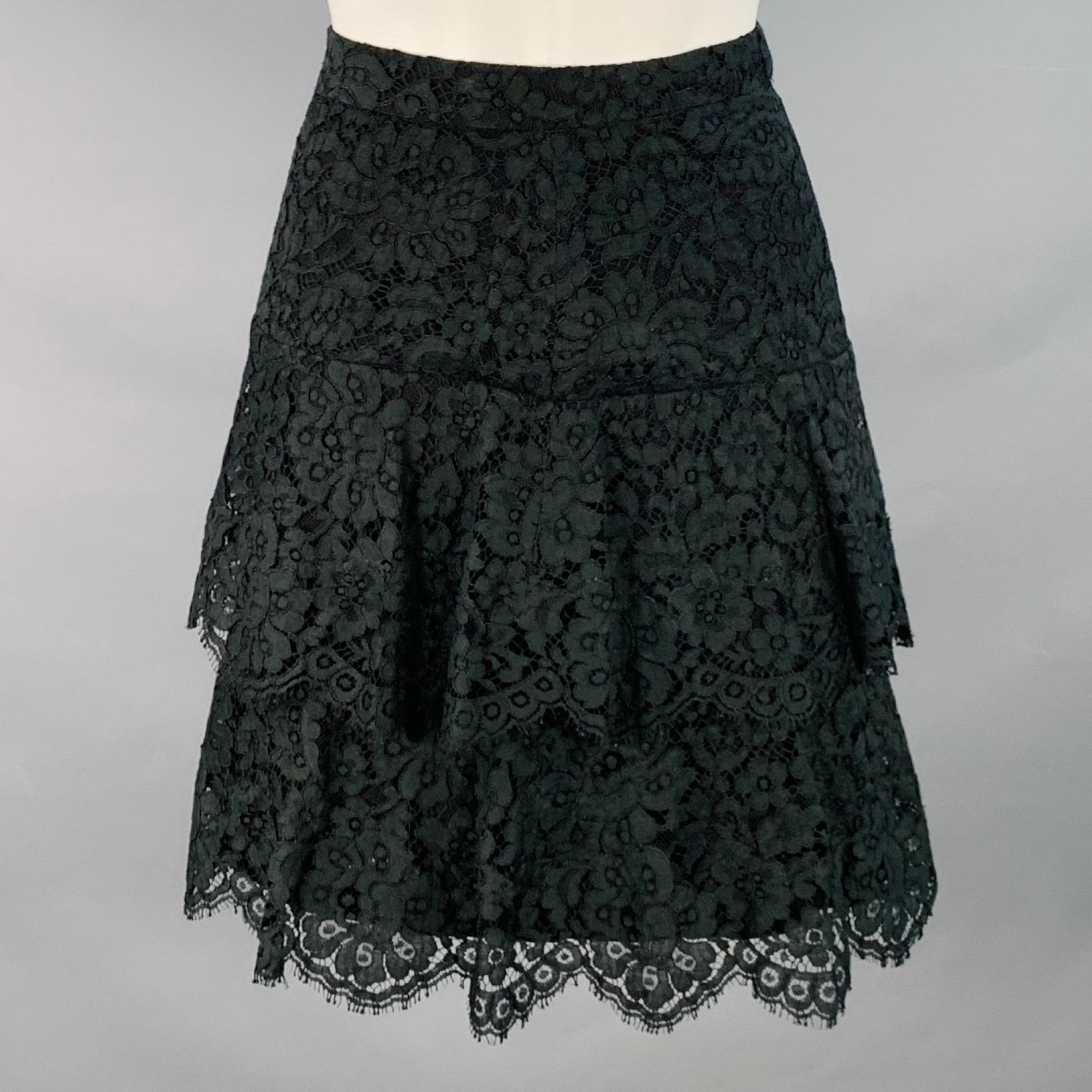 Monique Lhuillier Black Cotton Blend Lace Layered Knee Length Skirt Size 30" / US 8 / IT 44 - 1 Thumbnail