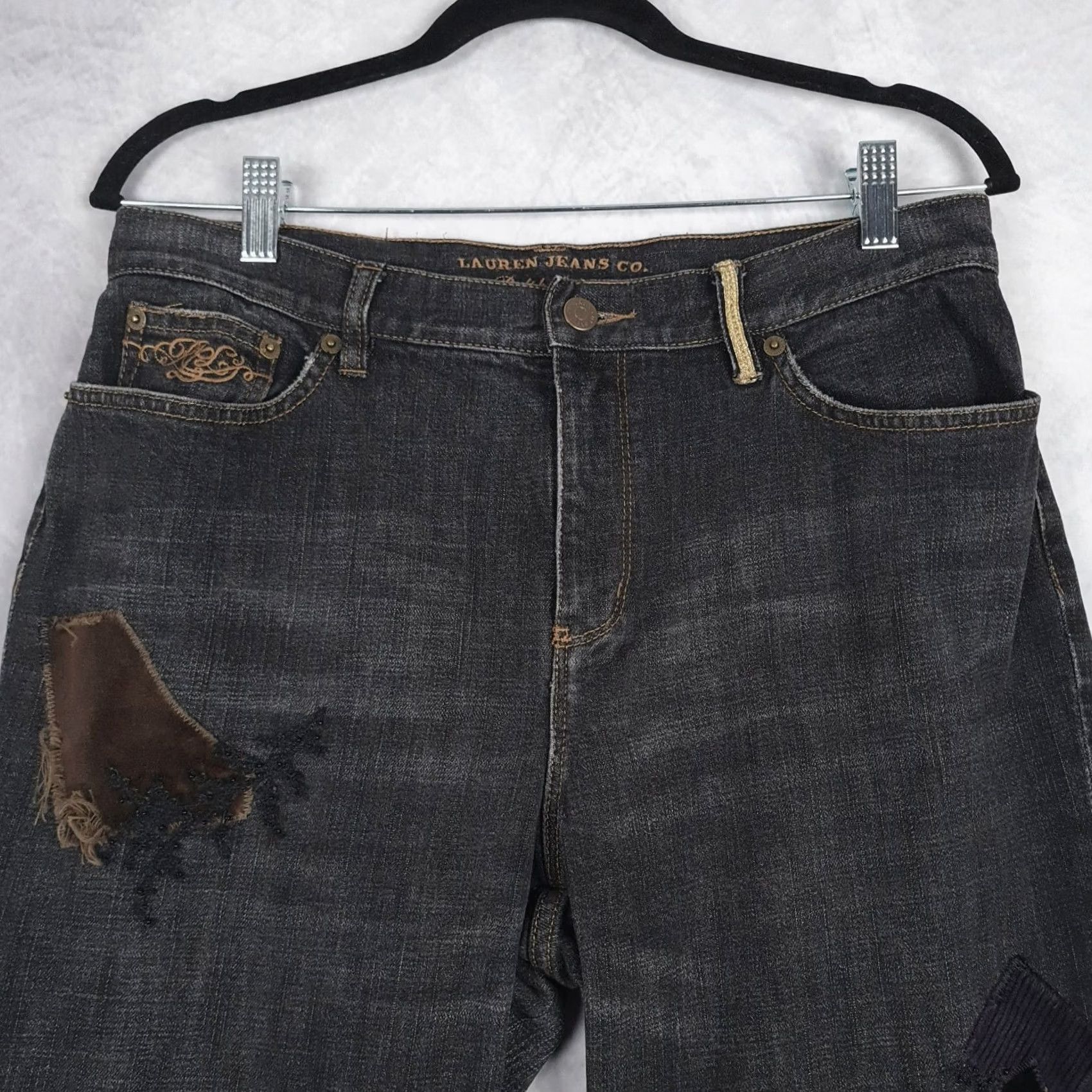 Ralph Lauren Ralph Lauren LRL Jeans Womens 10 Black Patchwork Embroidered Boho Y2K 31x28 Jeans Size 32" / US 10 / IT 46 - 2 Thumbnail