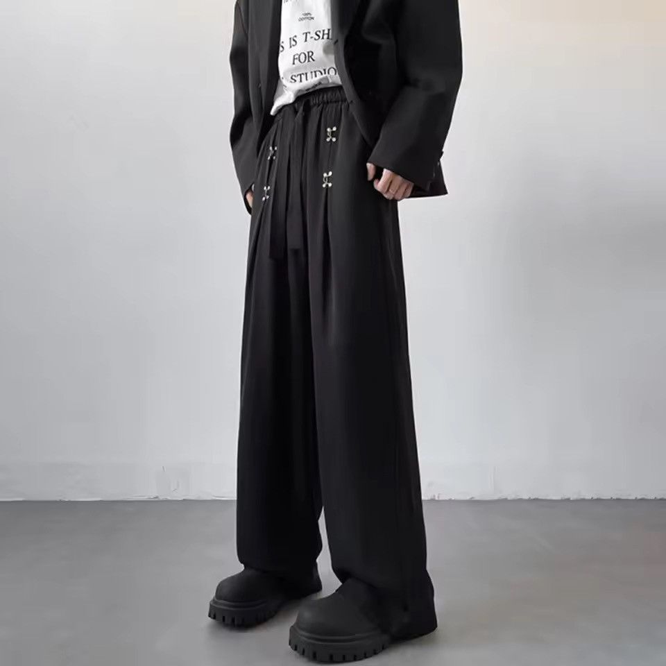 Japanese Brand Black Wide-Leg Pants – Drawstring Waist with Cross Detailing Size US 28 / EU 44 - 5 Thumbnail