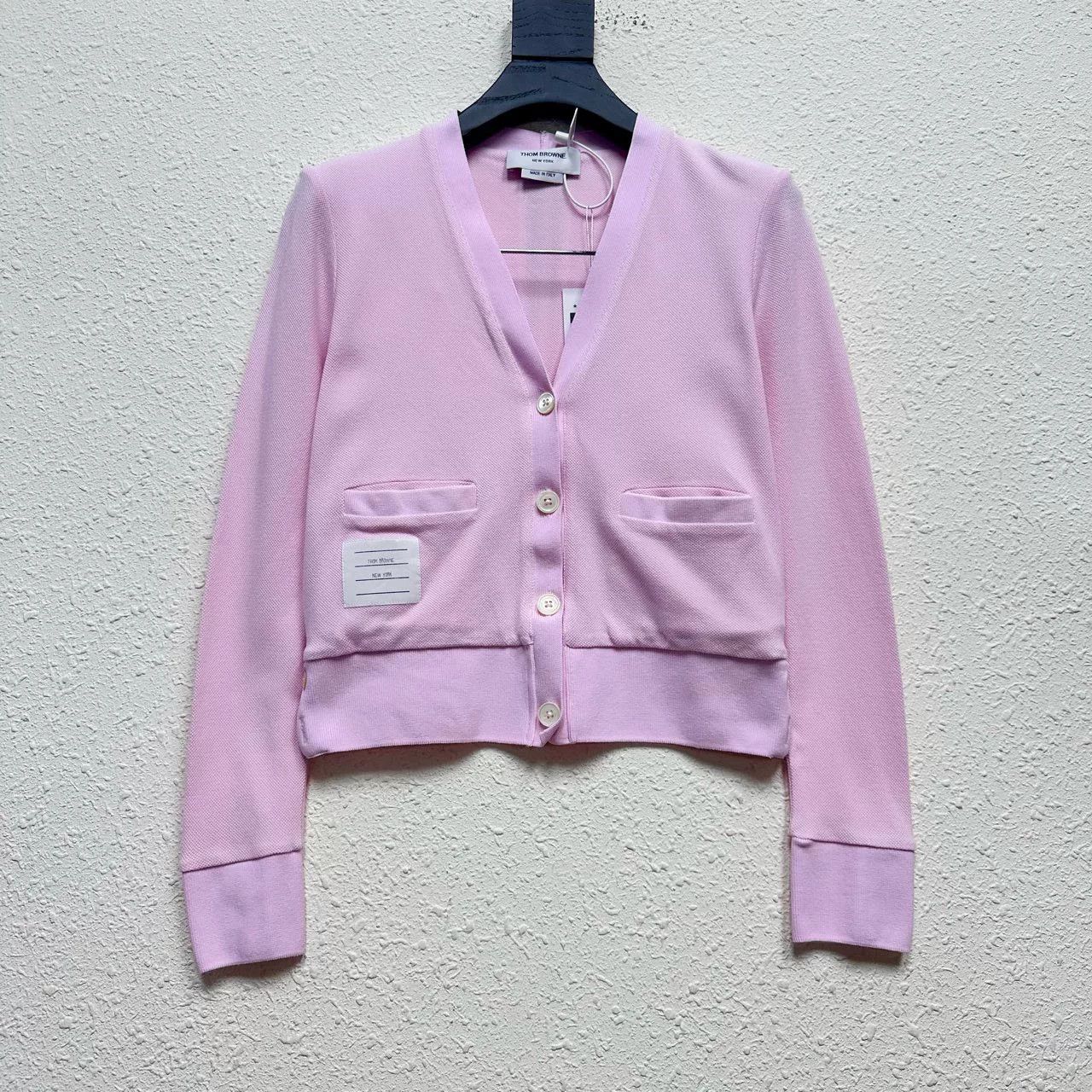 Thom Browne pink knit pocket cardigan with stripes Size S / US 4 / IT 40 - 1 Thumbnail