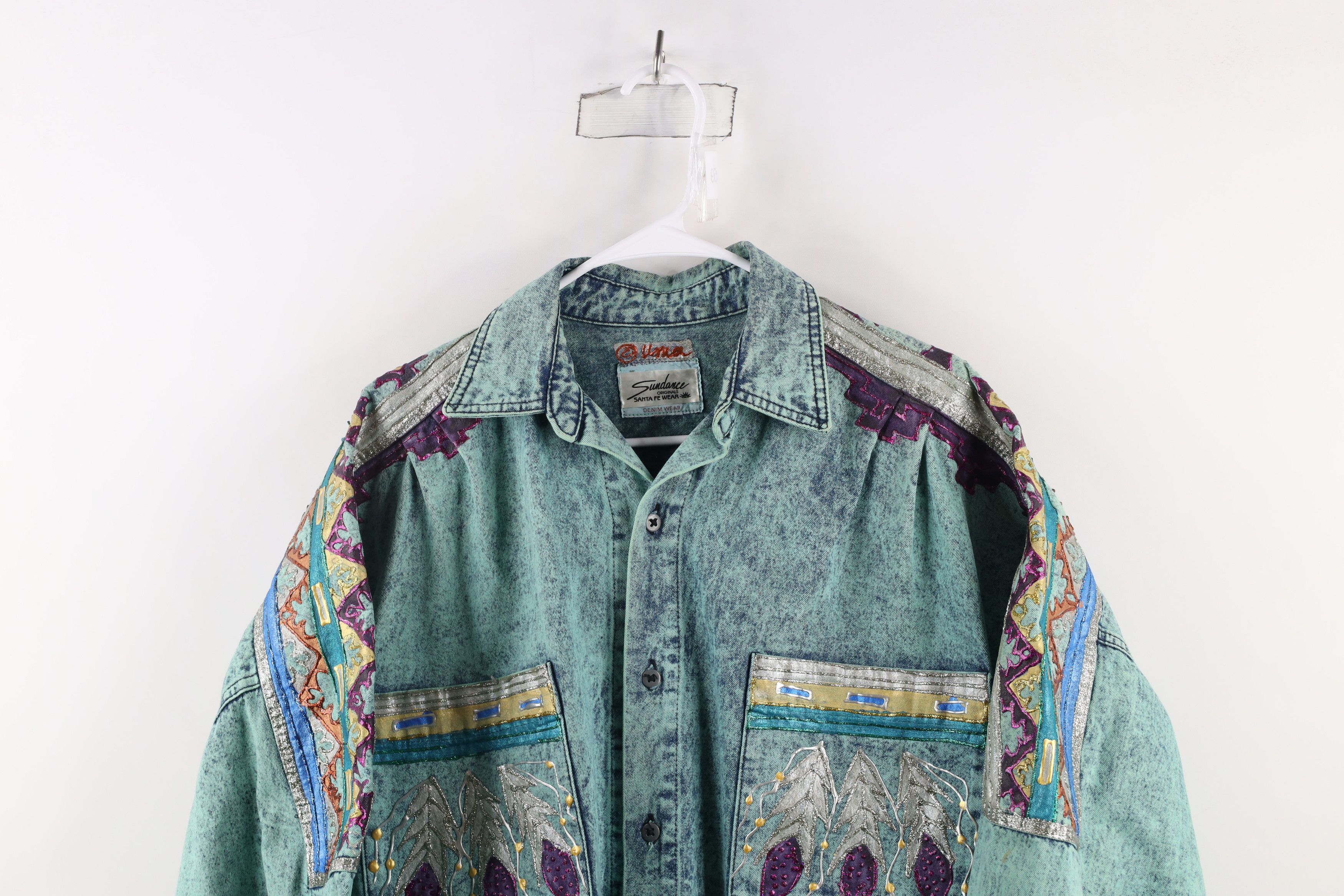 Vintage Vintage 90s Southwestern Glitter Glue Denim Shirt Jacket USA Size XXL / US 16-18 / IT 52-54 - 2 Thumbnail