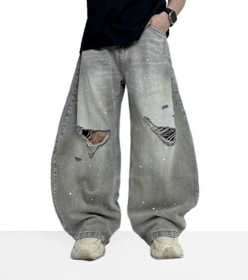 Men's wide-leg casual ripped curved jeans