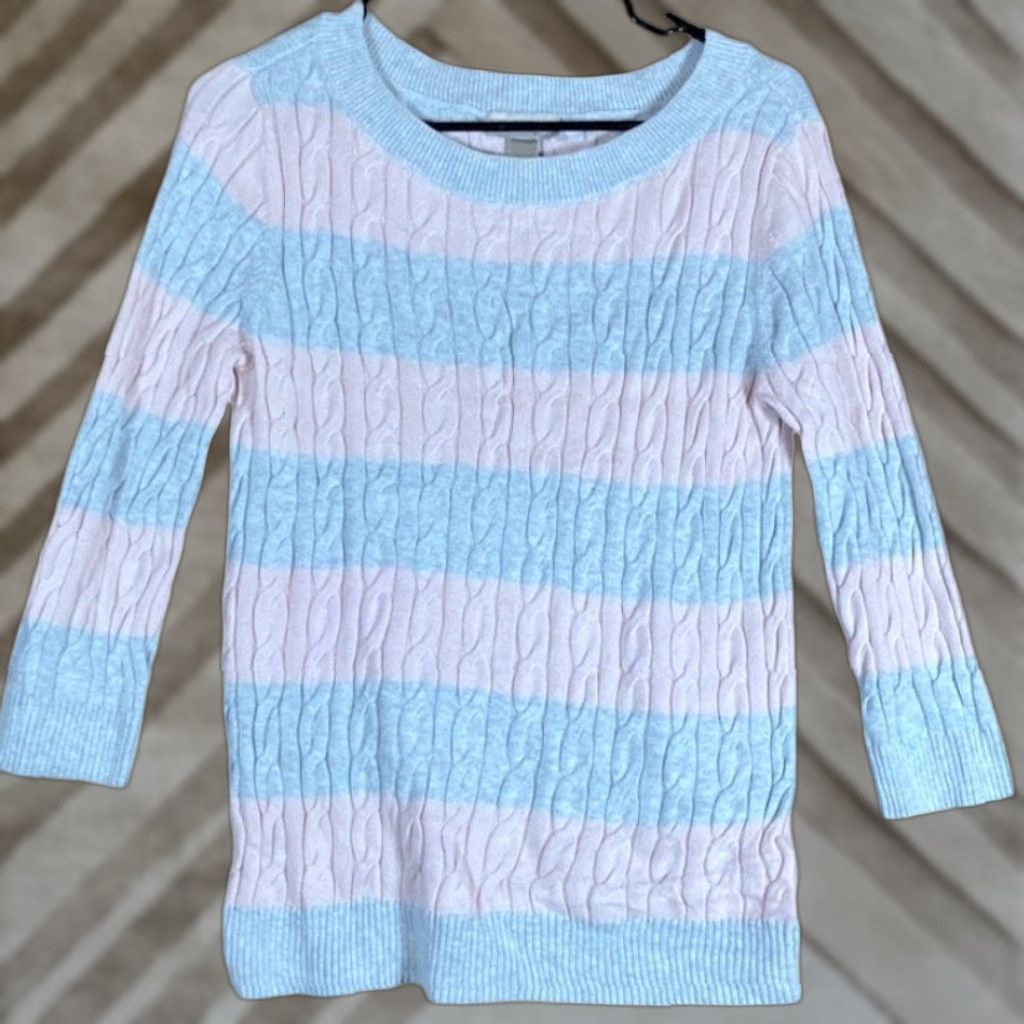 Talbots Ann Taylor Loft Womens Sweater Gray Pink Striped Cable Knit Crew Neck Large Size L / US 10 / IT 46 - 1 Thumbnail