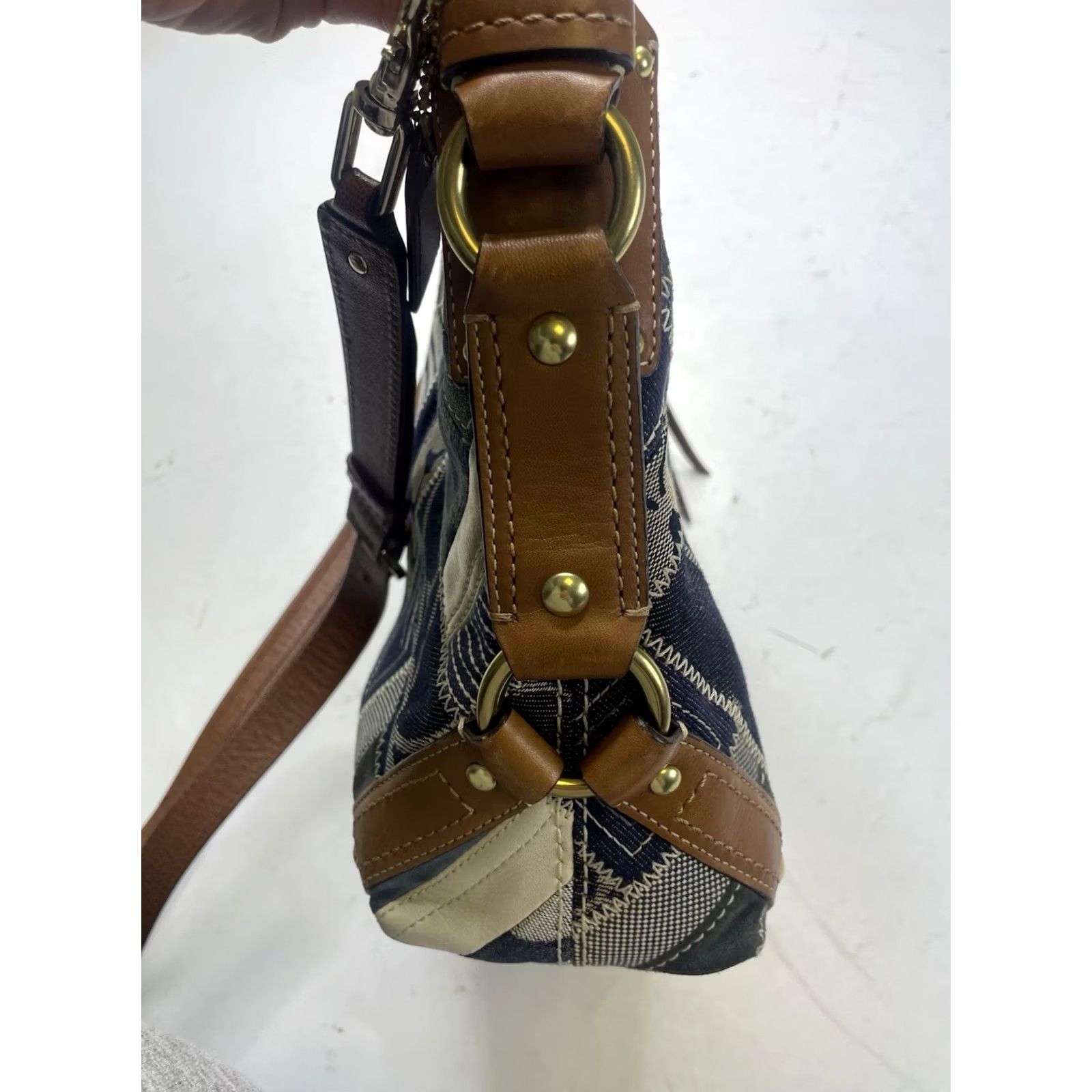 Coach COACH Carly Denim Patchwork Hobo Bag Shoulder Bag Tan Leather Denim 12215 Y2K Women’s Leather Lining Cars Theme Size ONE SIZE - 7 Thumbnail