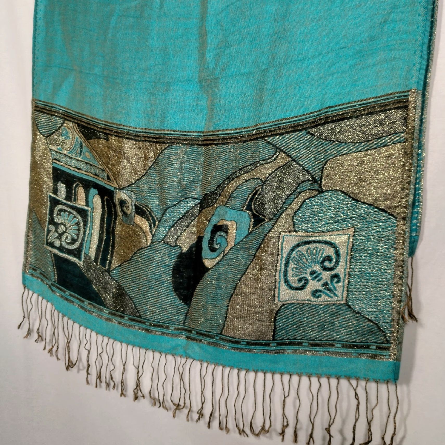 Vintage VINTAGE Cashmere Scarf Woven Turquoise Blue Black Metallic Gold Artsy Boho Wrap Fringe Unisex 75.5x27 Inches Size ONE SIZE - 7 Thumbnail