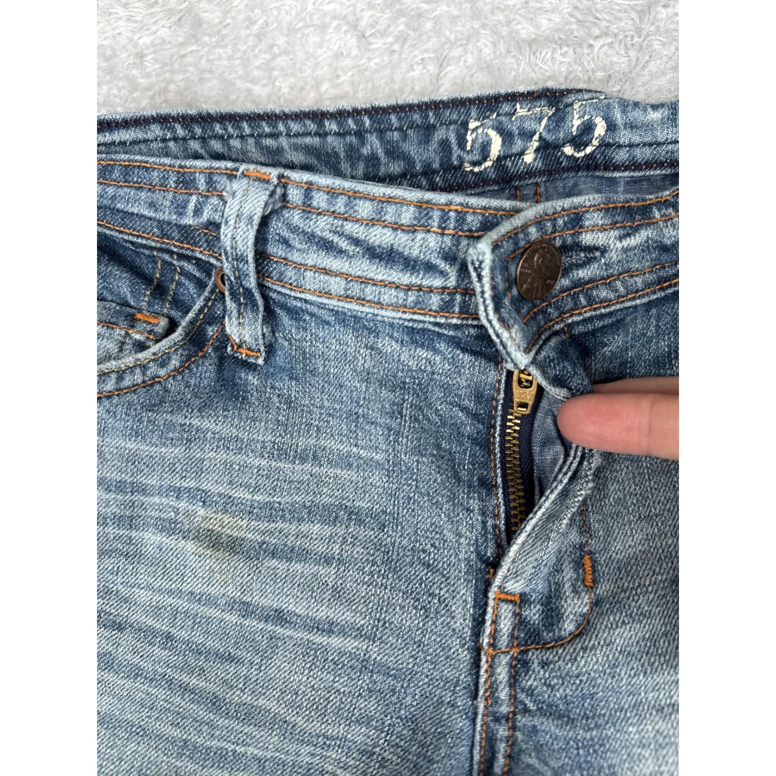 Denime 575 Denim Jeans Womens 29 Blue Medium Wash Mid Rise Flared Stretch Distressed 5-Pocket Pockets Size 29" - 5 Thumbnail