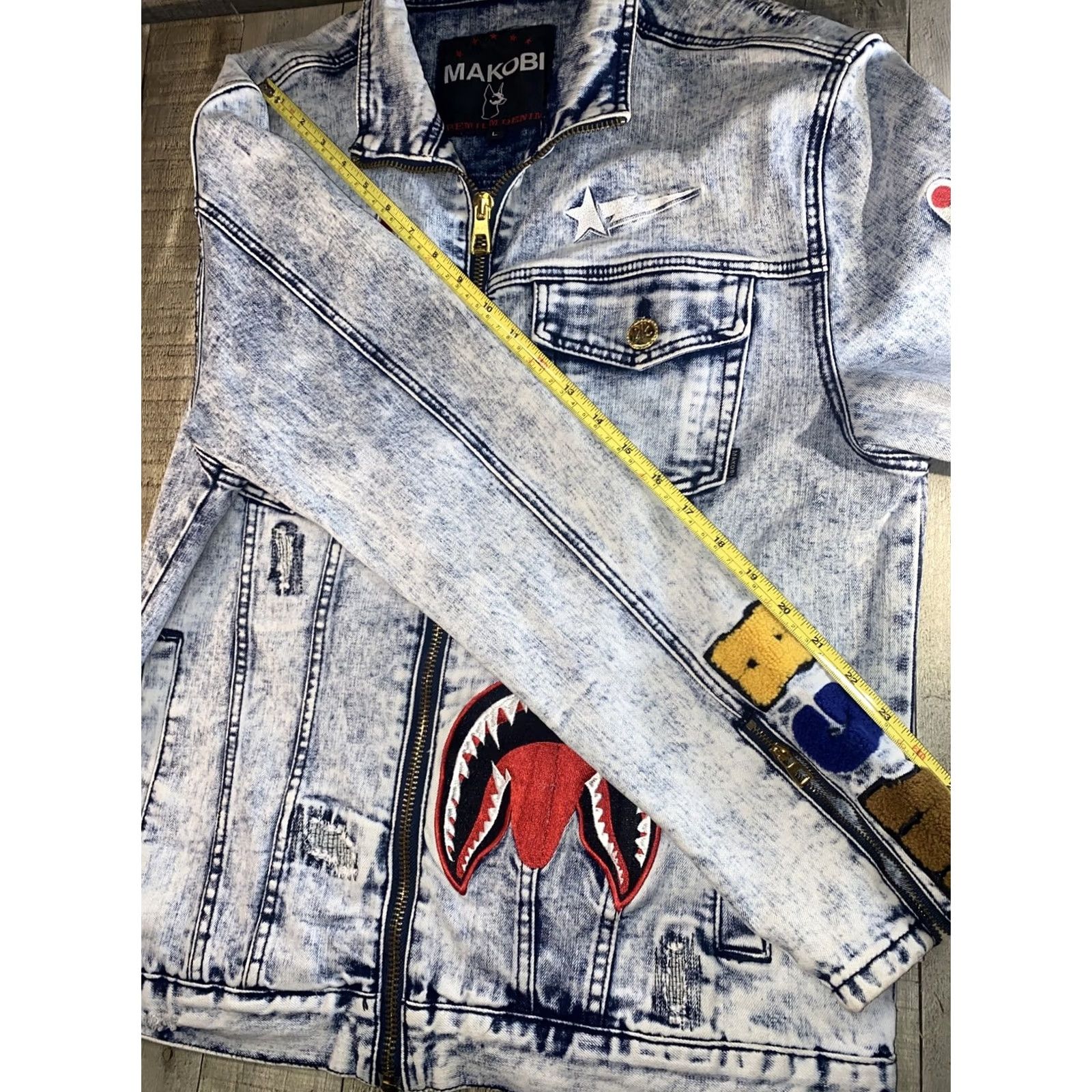 Vintage Makobi Jean Jacket L Destress Patches Men’s Denim Blue Jacket Regular Size Large Mens Jeans Size US 33 - 7 Thumbnail