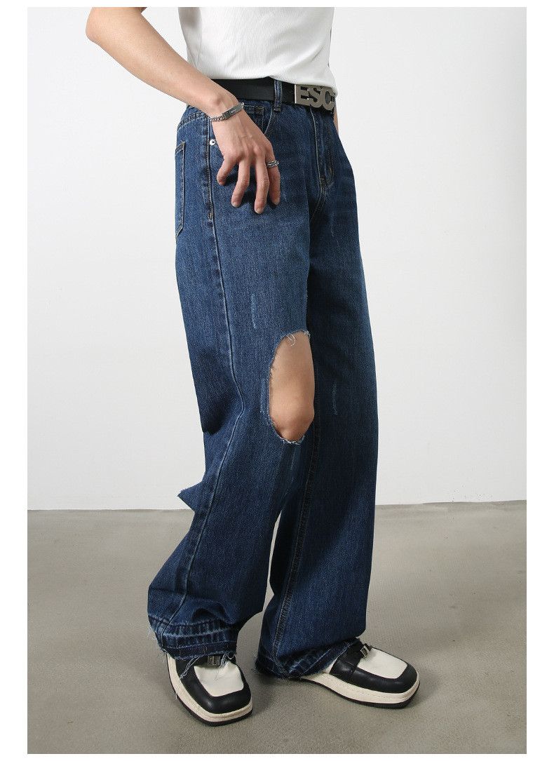 Japanese Brand Dark blue loose flared casual versatile ripped jeans Size US 32 / EU 48 - 4 Thumbnail