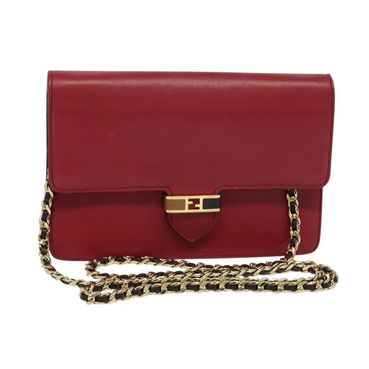FENDI Chain Shoulder Bag Leather Red Gold Bags Luggage