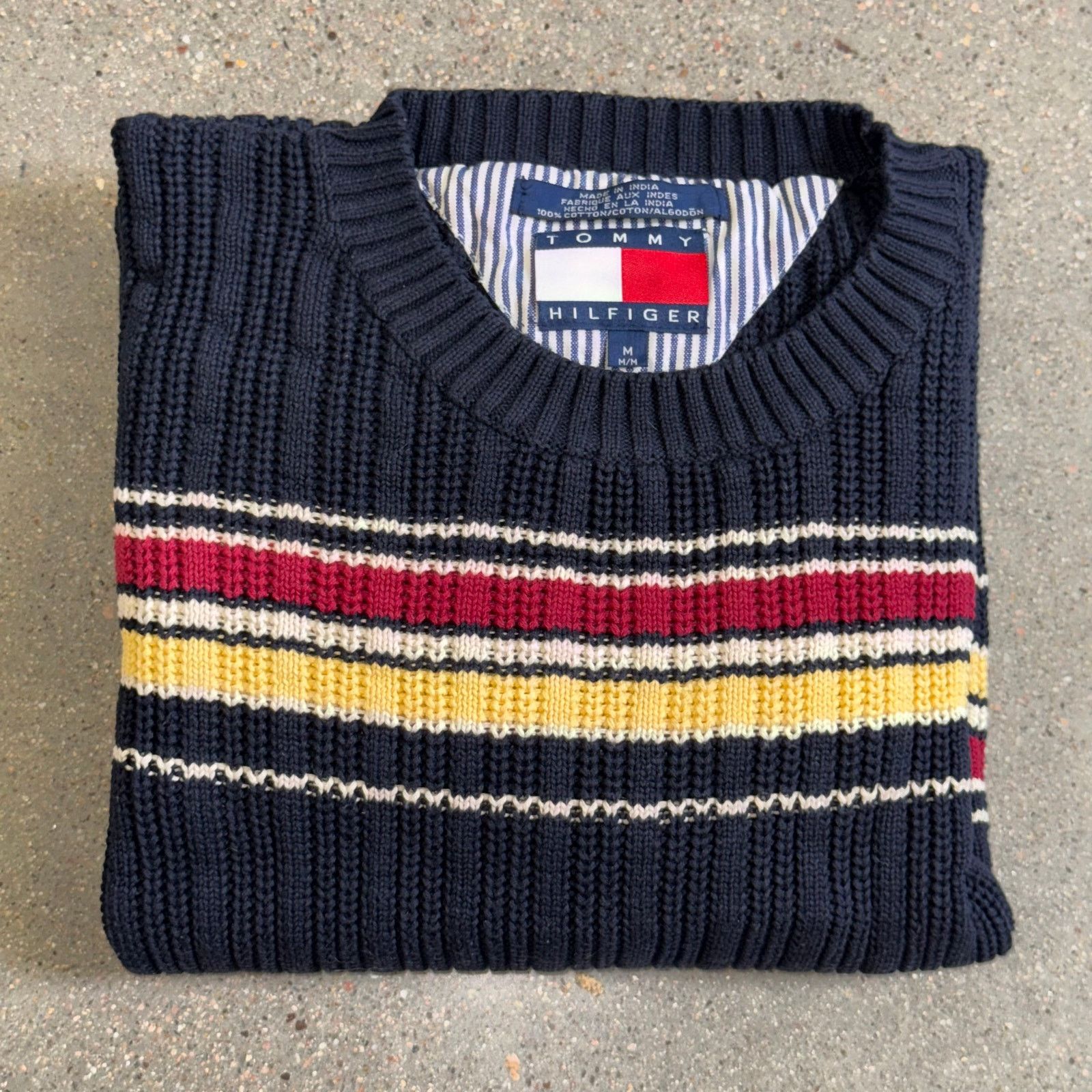 Vtg Tommy Hilfiger Crest Knit Sweater Navy Striped 90s Sz M