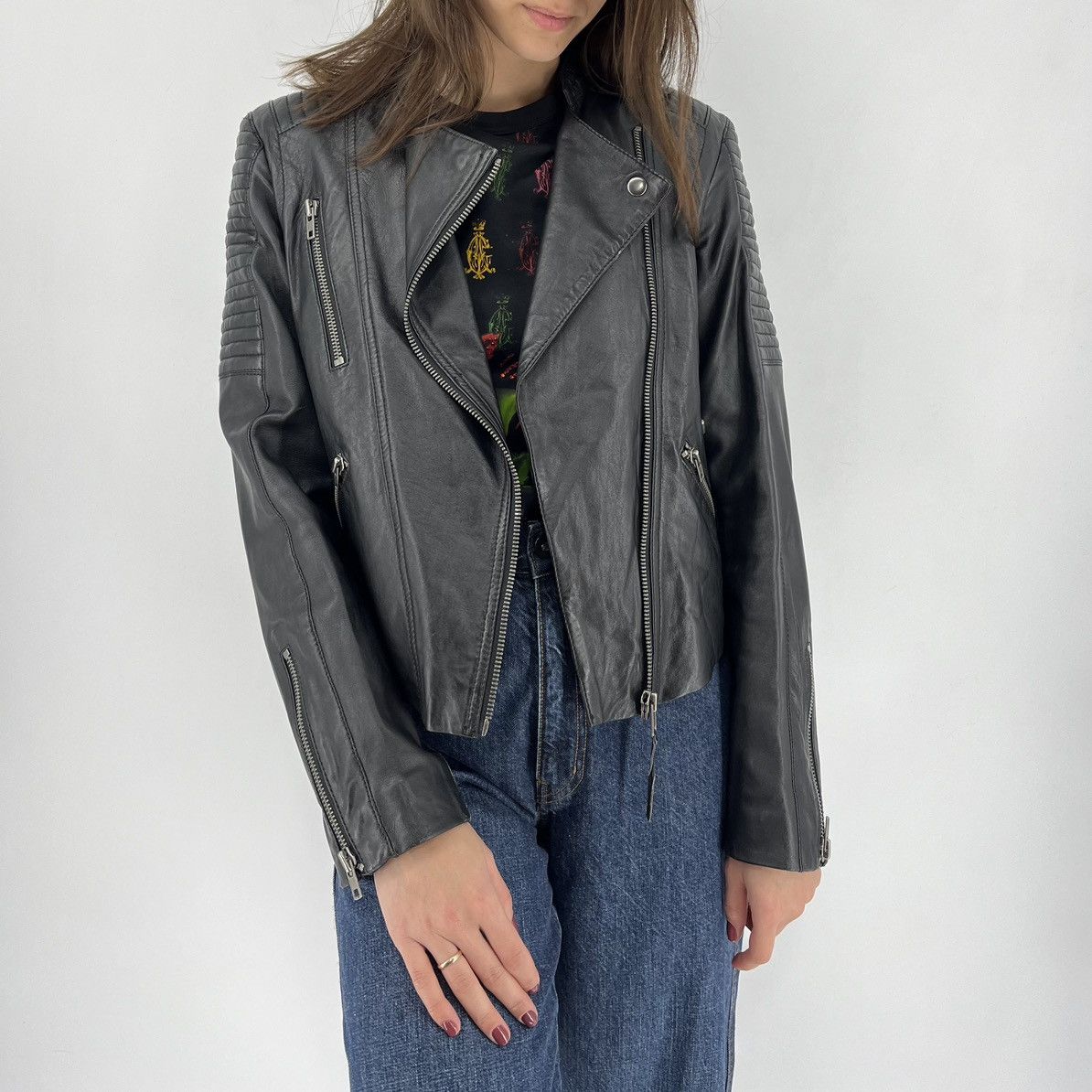 Leather × Mango Mango Black Leather Biker Jacket Racing Moto HONDA BMW Size S / US 4 / IT 40 - 4 Thumbnail