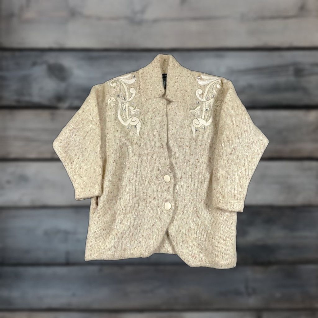 VINTAGE IB Diffusion Beaded Mohair Cardigan Sweater Women's Large Ivory Heavyweight 90s Retro