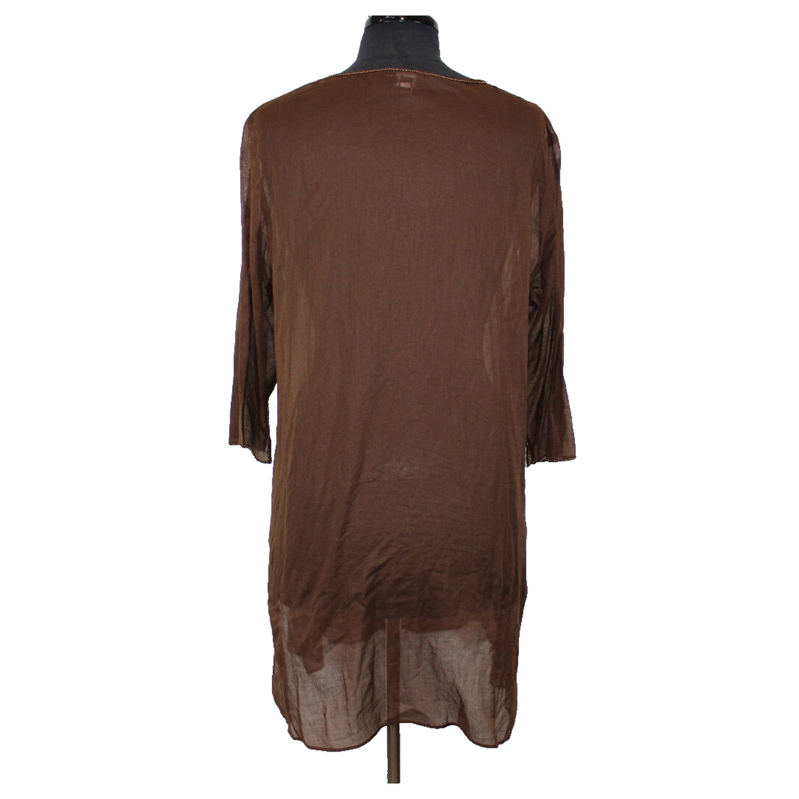 Eileen Fisher EILEEN FISHER Chiffon Tunic Dress Brown Cotton Rhinestone L Size L / US 10 / IT 46 - 4 Thumbnail