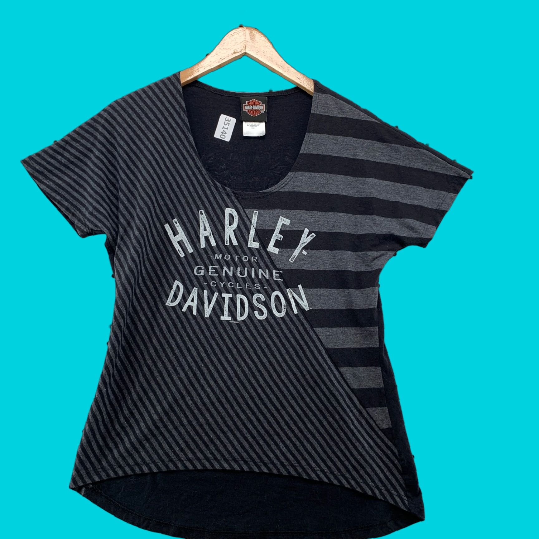 Harley Davidson Harley-Davidson Womens Large Motorcycle Top Black Gray Striped Long Sleeve T-Shirt 16x26 Size L / US 10 / IT 46 - 1 Thumbnail