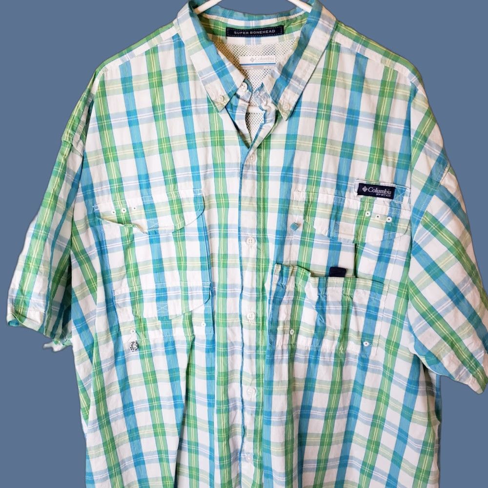 Vintage Columbia PFG Super Bonehead Fishing Shirt XXL Blue Green Plaid Short Sleeve Button-Up Size US XXL / EU 58 / 5 - 1 Thumbnail