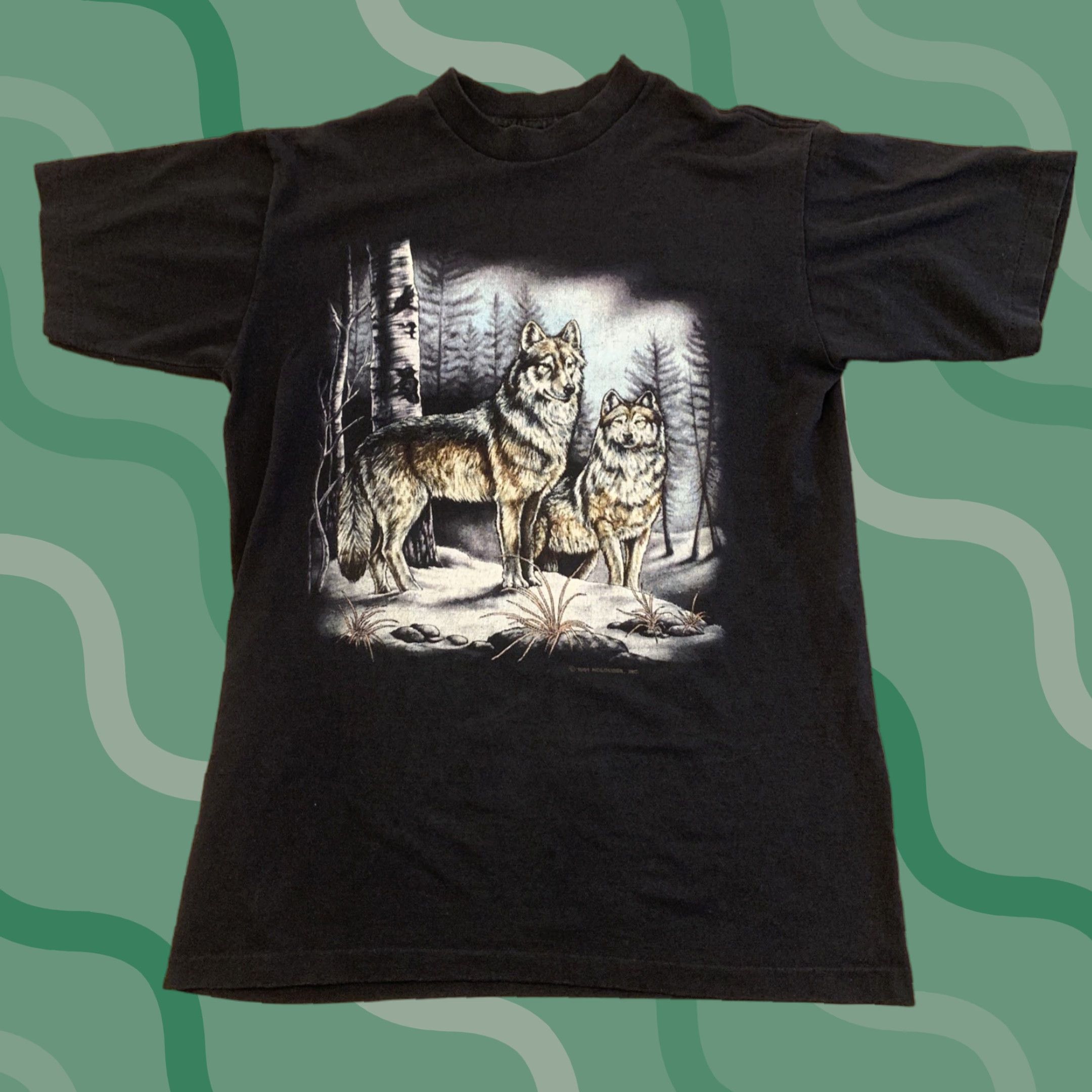 Vintage VINTAGE Holoubek Wolf Winter Scene T-Shirt | Mens | Adult Medium | Black | Wolves Snow Stitch Shirt Size US M / EU 48-50 / 2 - 1 Thumbnail