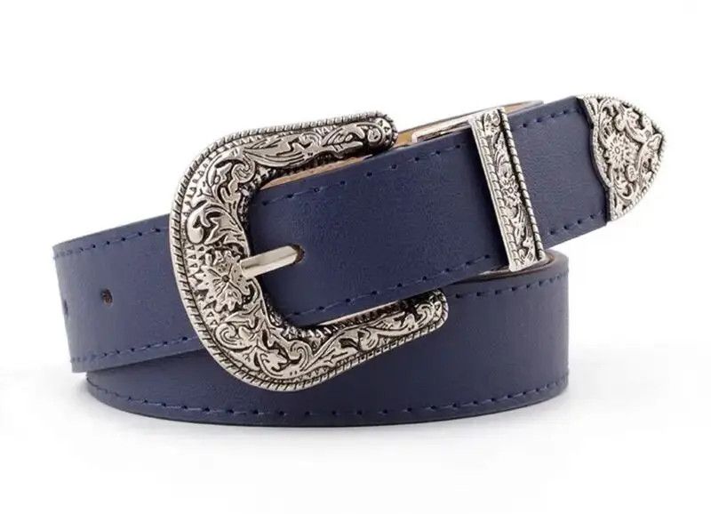image of Blue Color Retro Pin Buckle Pu Leather Belt, Men's