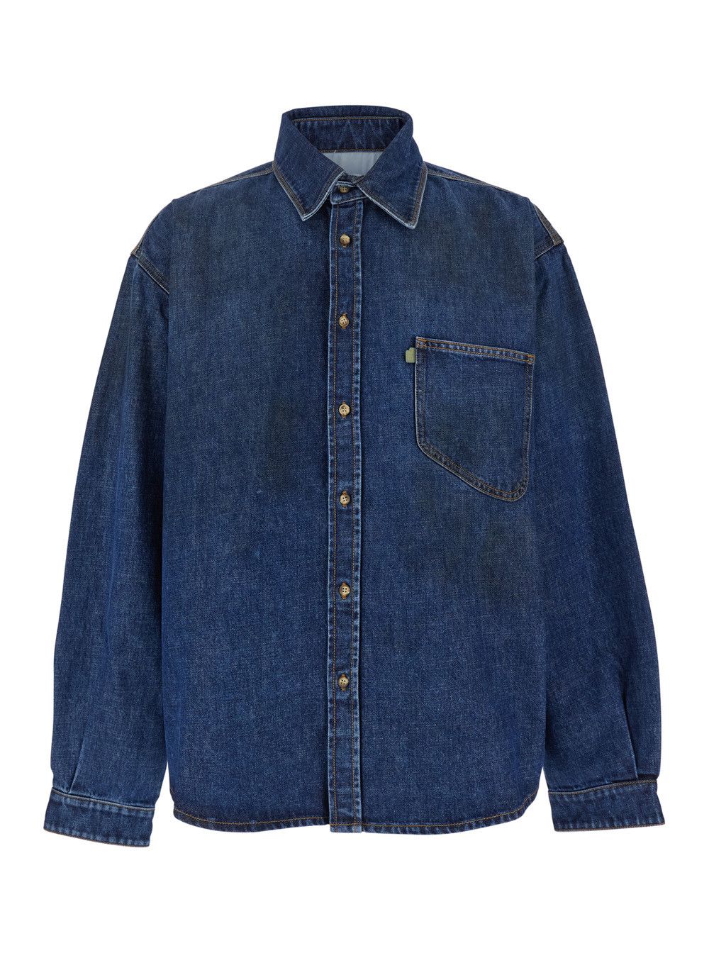 Blue Shirt with Pointed Collar and Logo Patch on the Front in Denim Man
