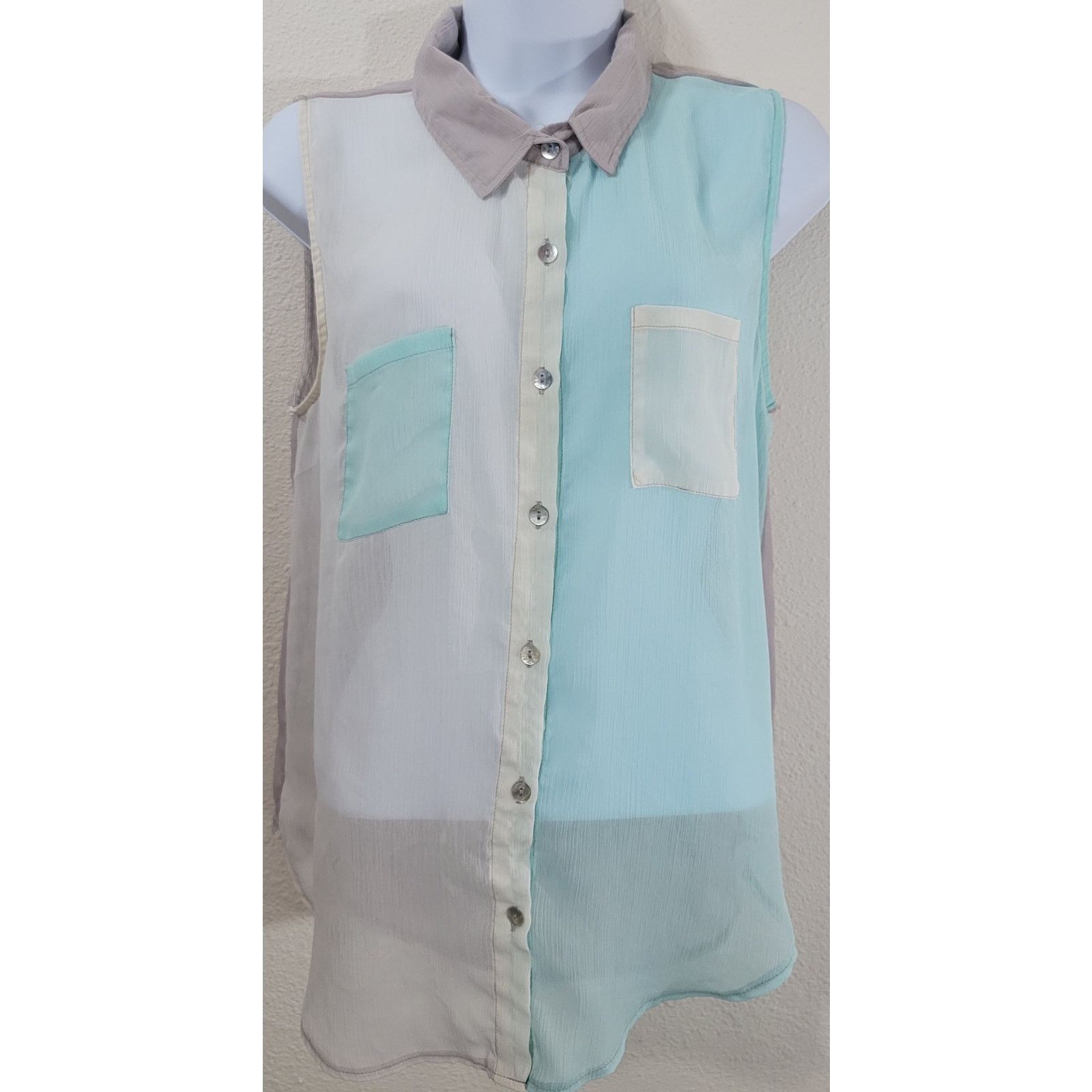 Other About A Girl Teal Gray Sheer Colorblock Button Shirt Large Size L / US 10 / IT 46 - 1 Thumbnail