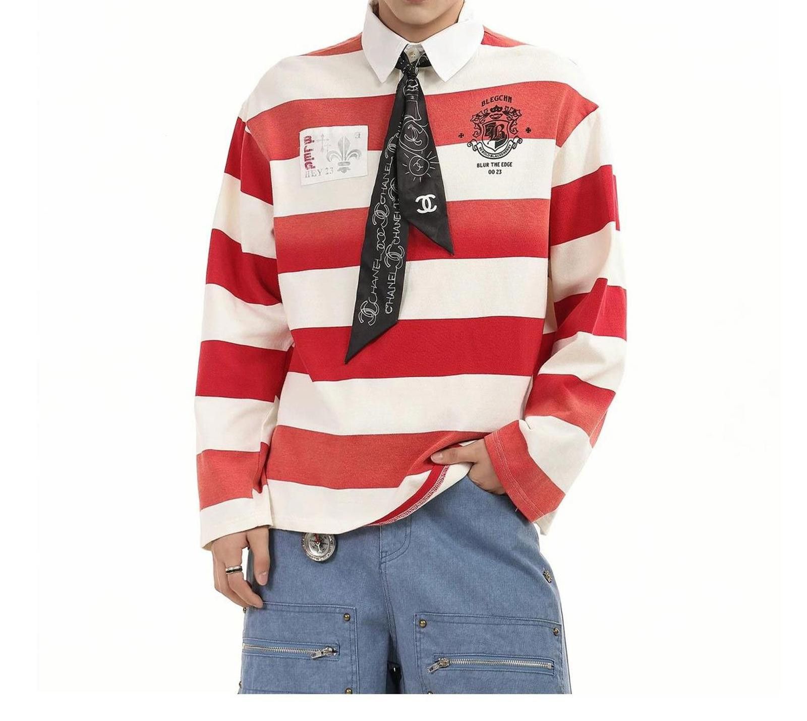 Other Red-White Stripe Washed Lapel Polo Shirt Size US XL / EU 56 / 4 - 5 Thumbnail